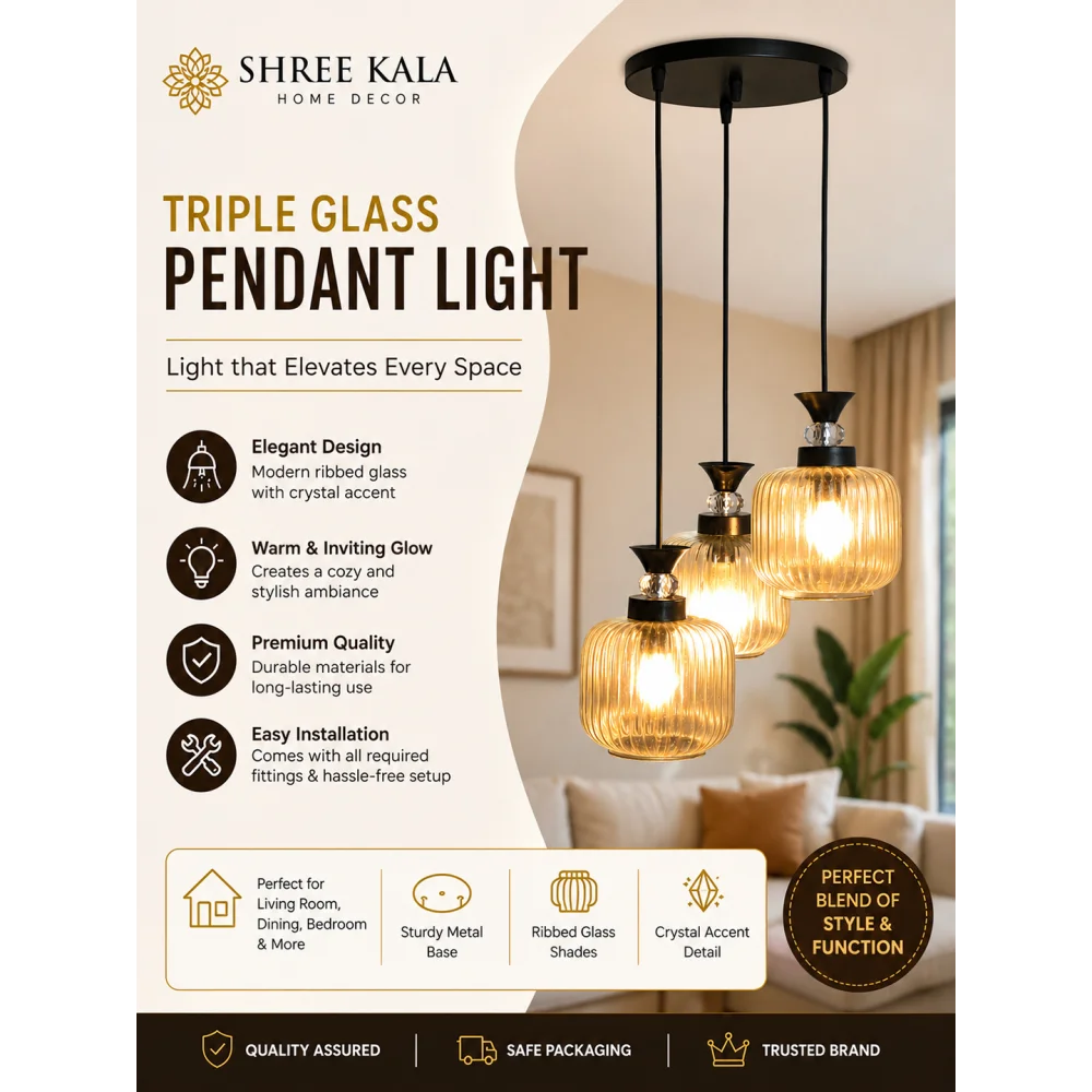 3-Light Clear Ribbed Glass Cluster Hanging Light | SKE-170010_LCRGCHL