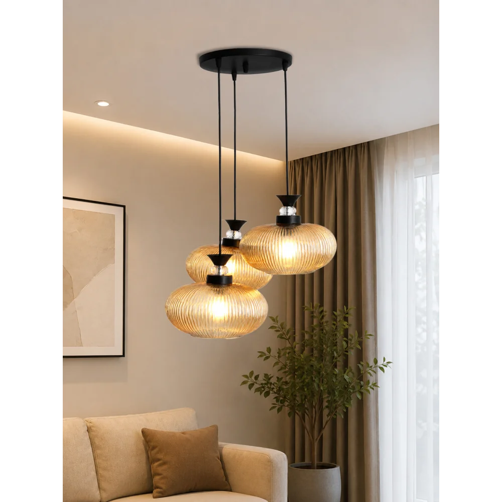 3-Light Amber Ribbed Glass Cluster Hanging Light | SKE-170011_LARGCHL
