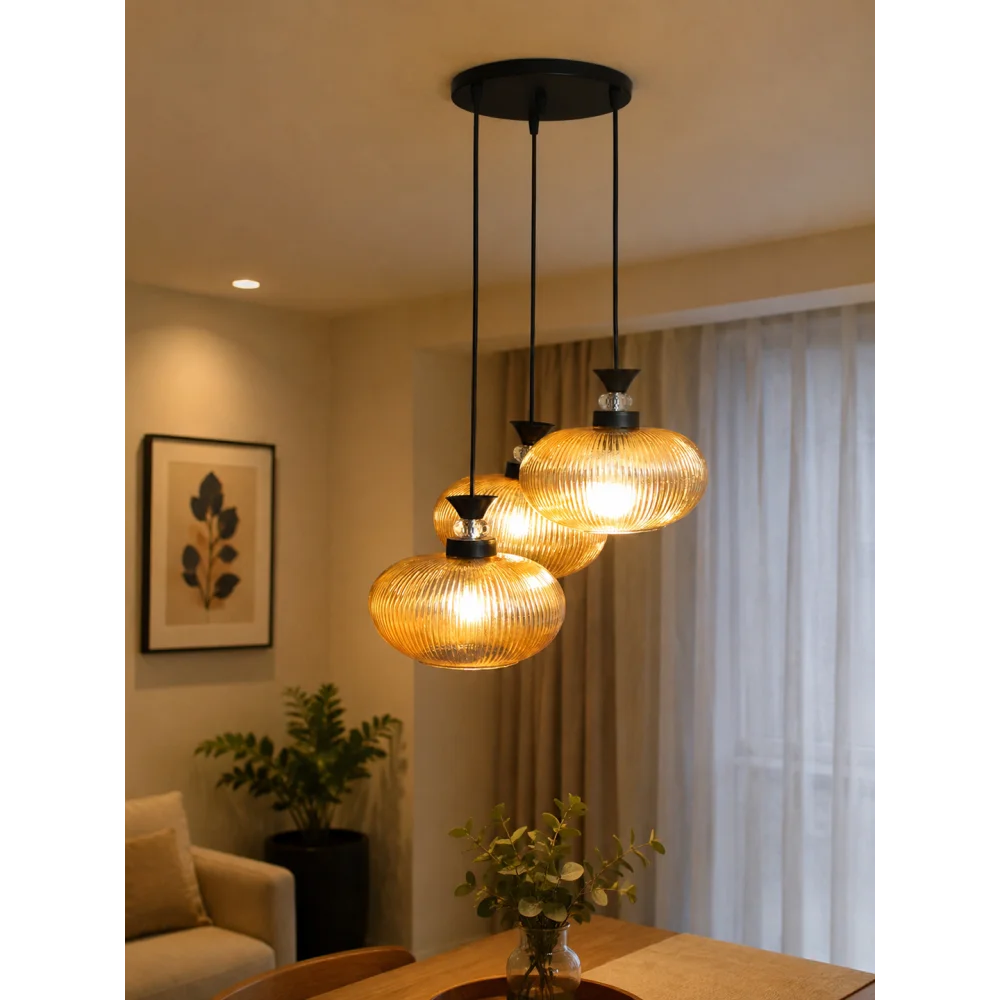 3-Light Amber Ribbed Glass Cluster Hanging Light | SKE-170011_LARGCHL