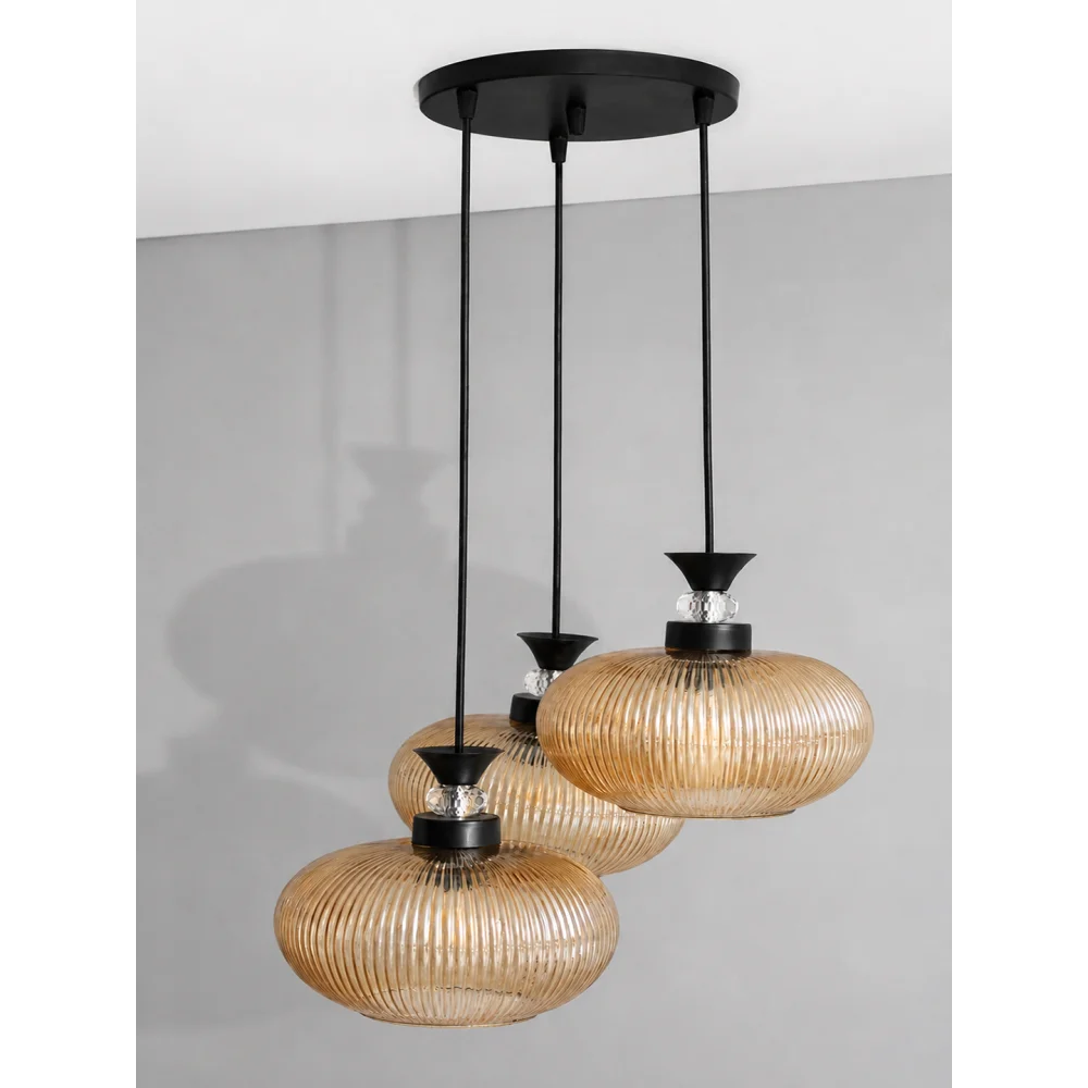 3-Light Amber Ribbed Glass Cluster Hanging Light | SKE-170011_LARGCHL