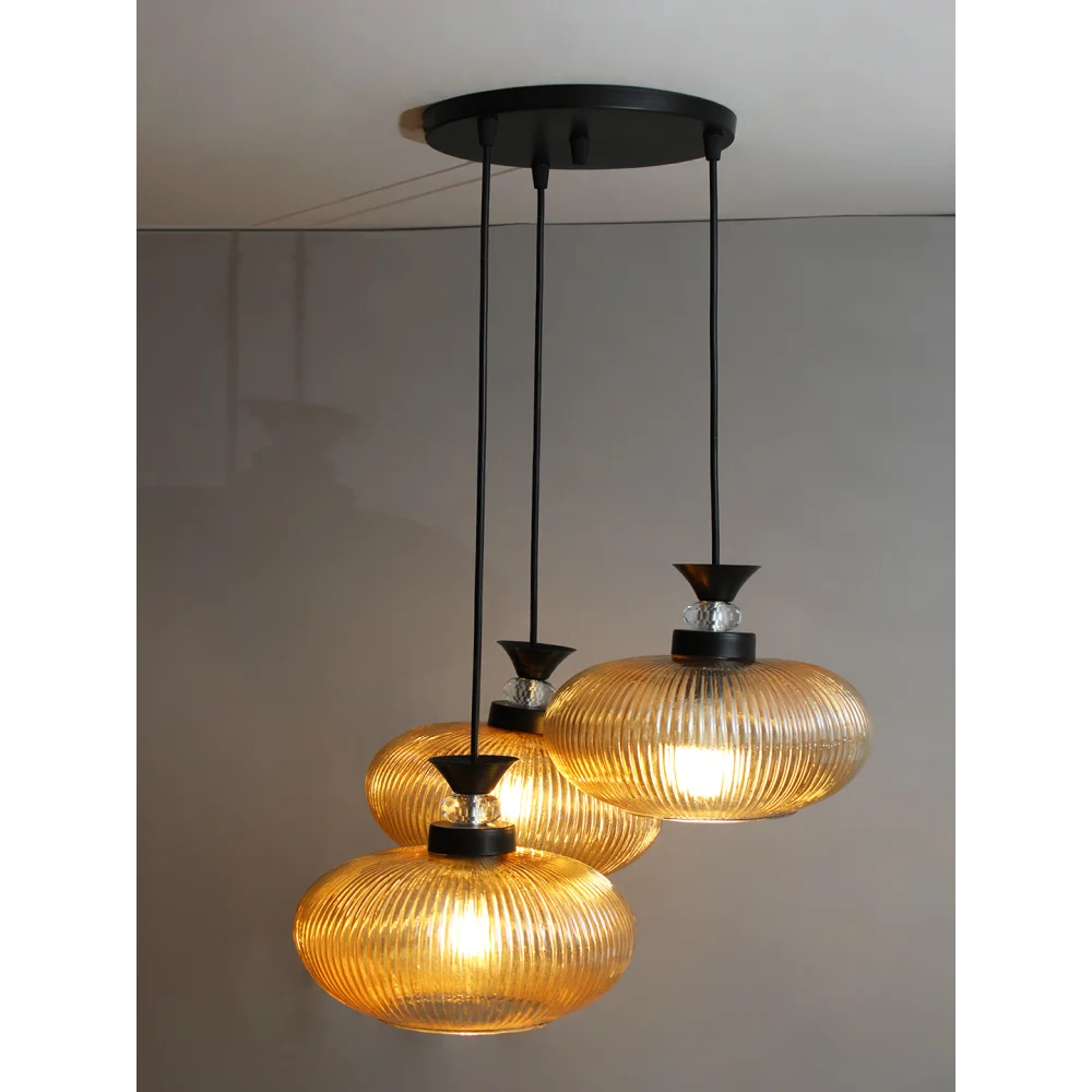 3-Light Amber Ribbed Glass Cluster Hanging Light | SKE-170011_LARGCHL