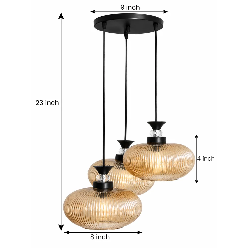 3-Light Amber Ribbed Glass Cluster Hanging Light | SKE-170011_LARGCHL