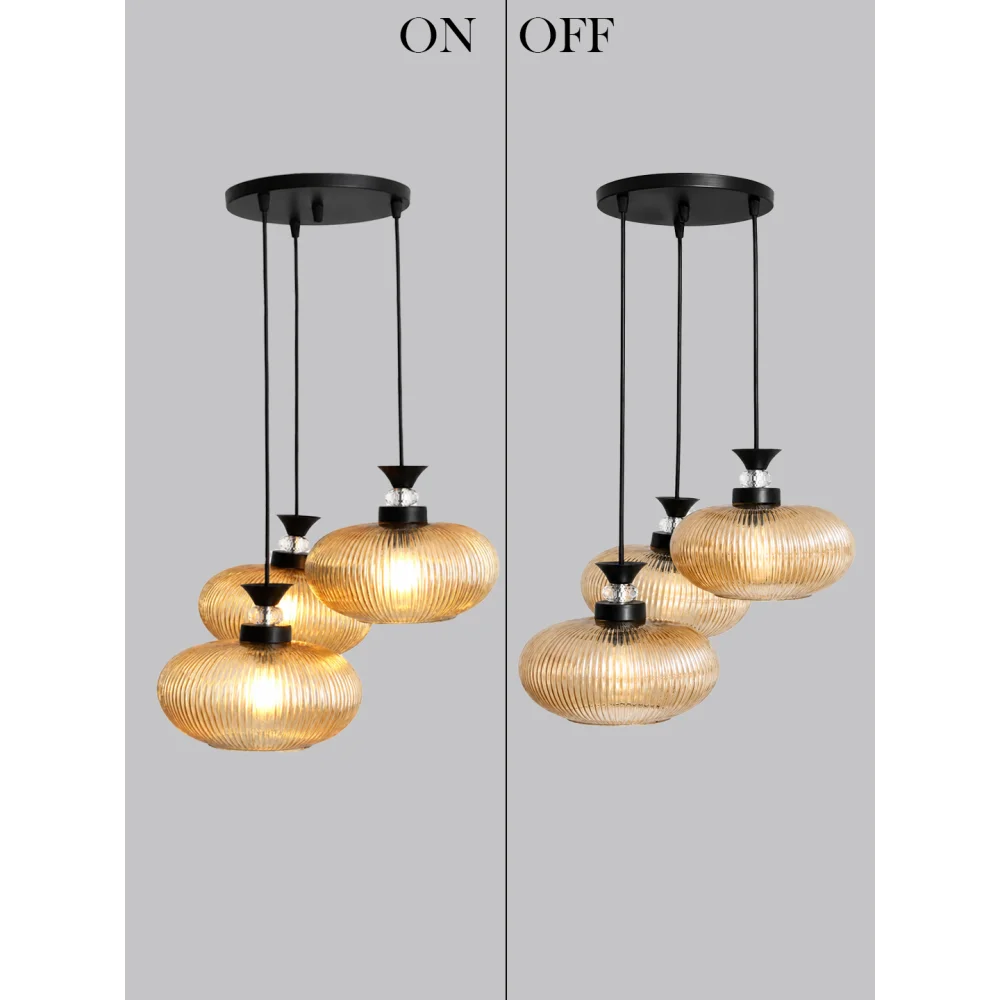 3-Light Amber Ribbed Glass Cluster Hanging Light | SKE-170011_LARGCHL