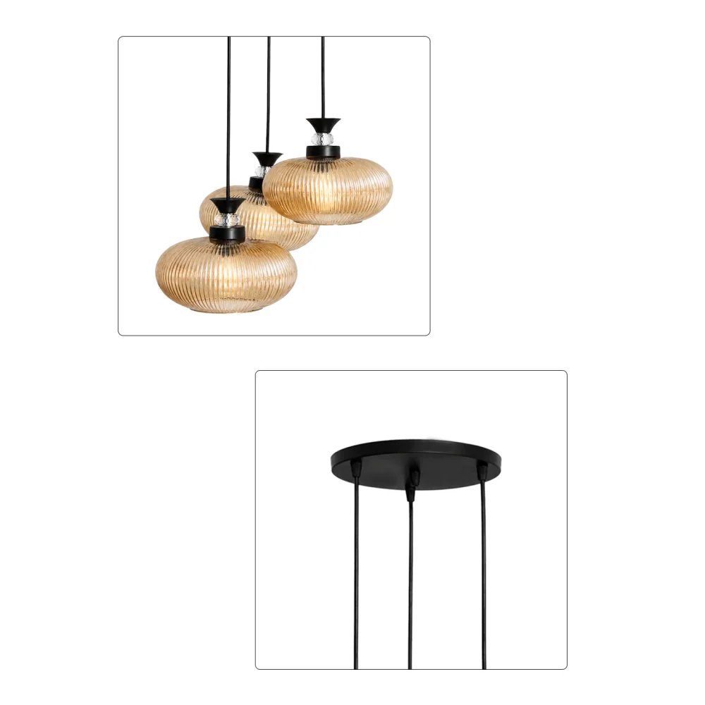 3-Light Amber Ribbed Glass Cluster Hanging Light | SKE-170011_LARGCHL