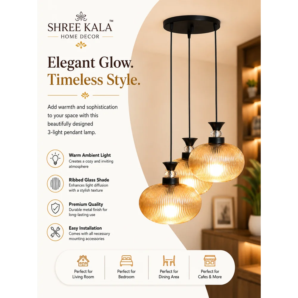 3-Light Amber Ribbed Glass Cluster Hanging Light | SKE-170011_LARGCHL