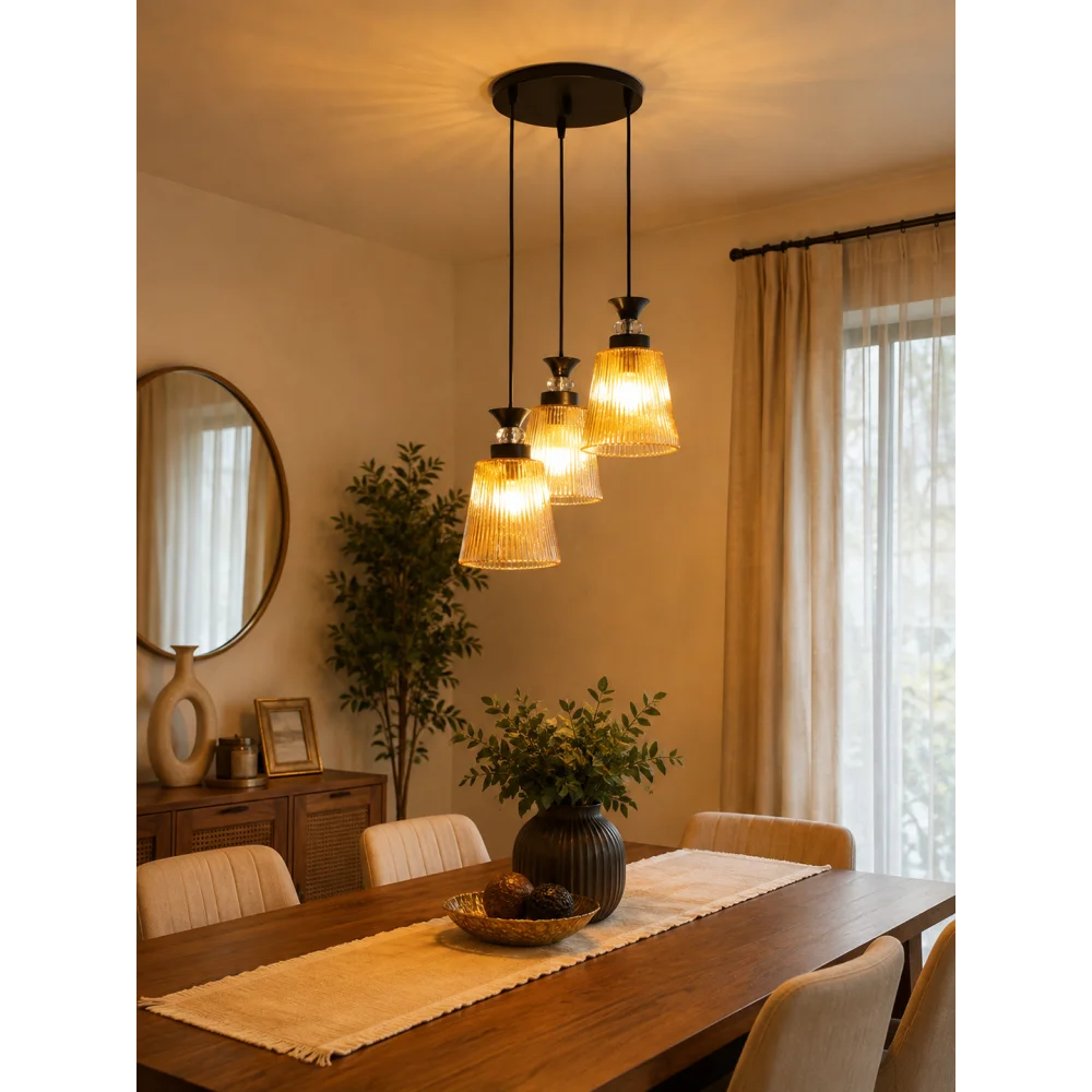 3-Light Ribbed Glass Cluster Hanging Light | SKE-170013_LRGCHL