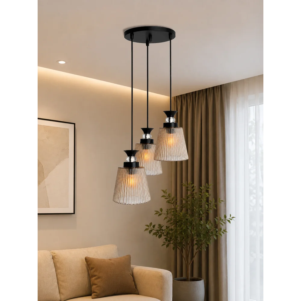 3-Light Ribbed Glass Cluster Hanging Light | SKE-170013_LRGCHL