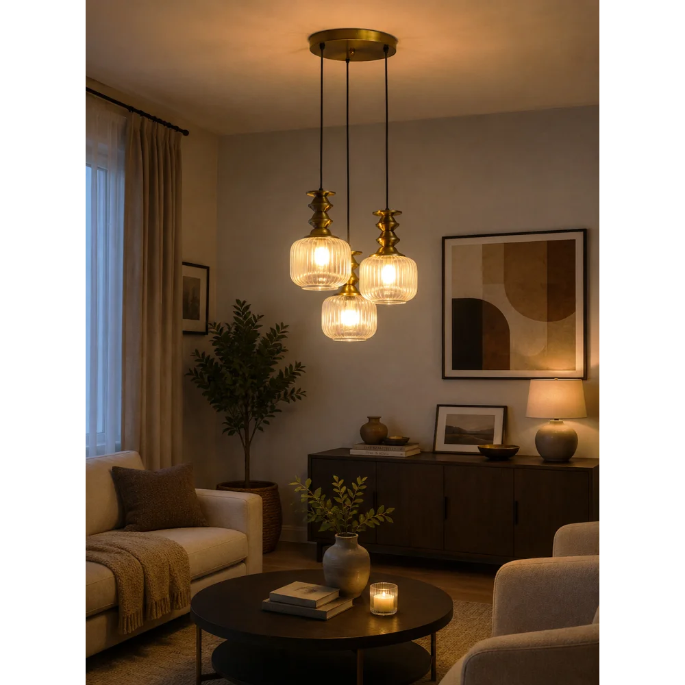 3-Light Ribbed Clear Glass Cluster Hanging Light | SKE-170018_LRCGCHL
