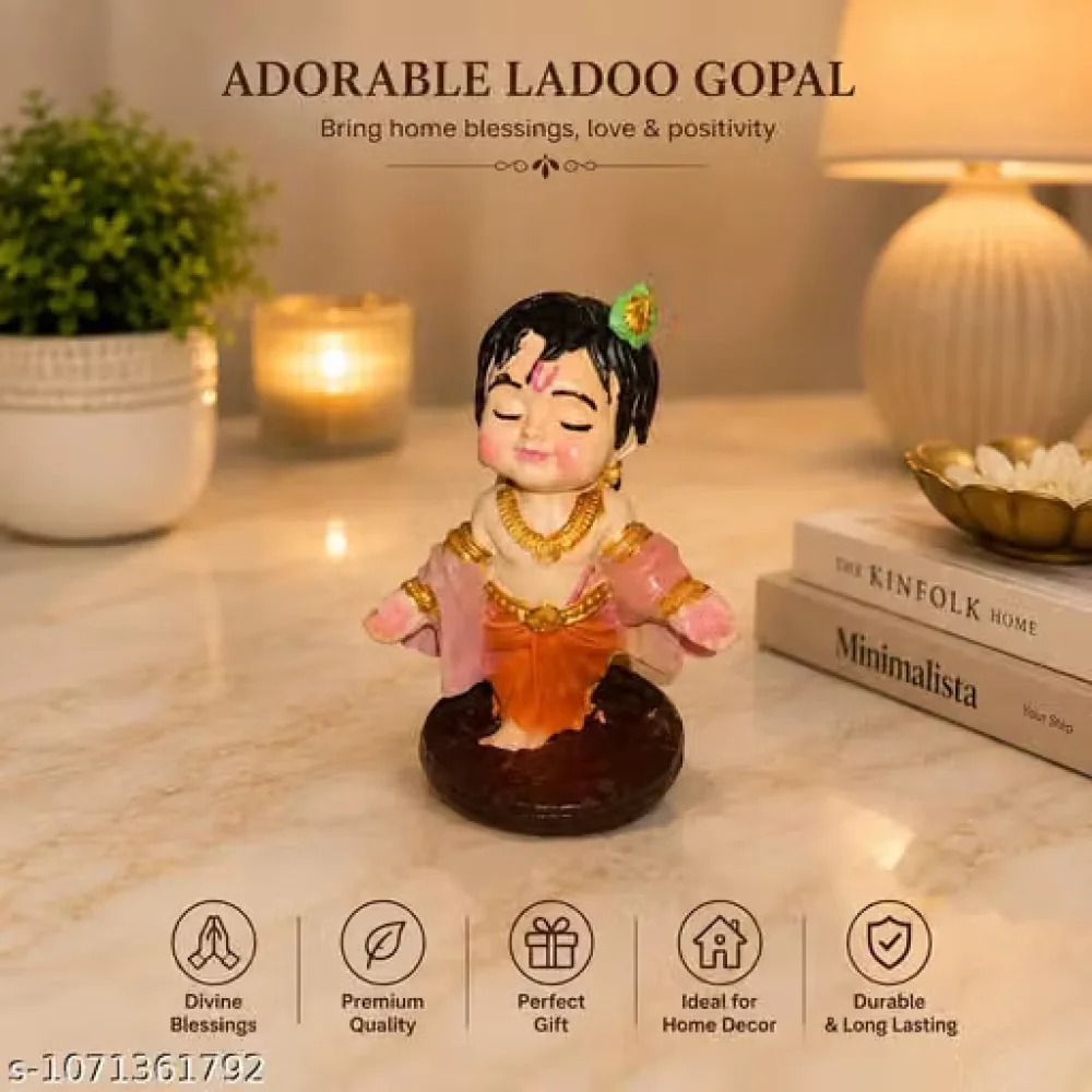 Cute Ladoo Gopal Statue Polyresin Idol Table Top Figurine Home Decor Vastu Pooja Gift Item