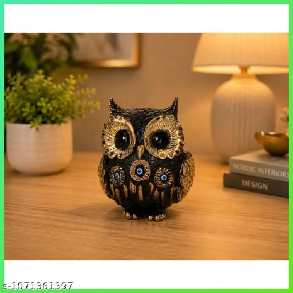 Polyresin Black Owl Statue Antique Gold Evil Eye Bird Figurine Home Decor Showpiece for Office Desk Study Table Bookshelf Bedroom Living Room Gift Item Decoration