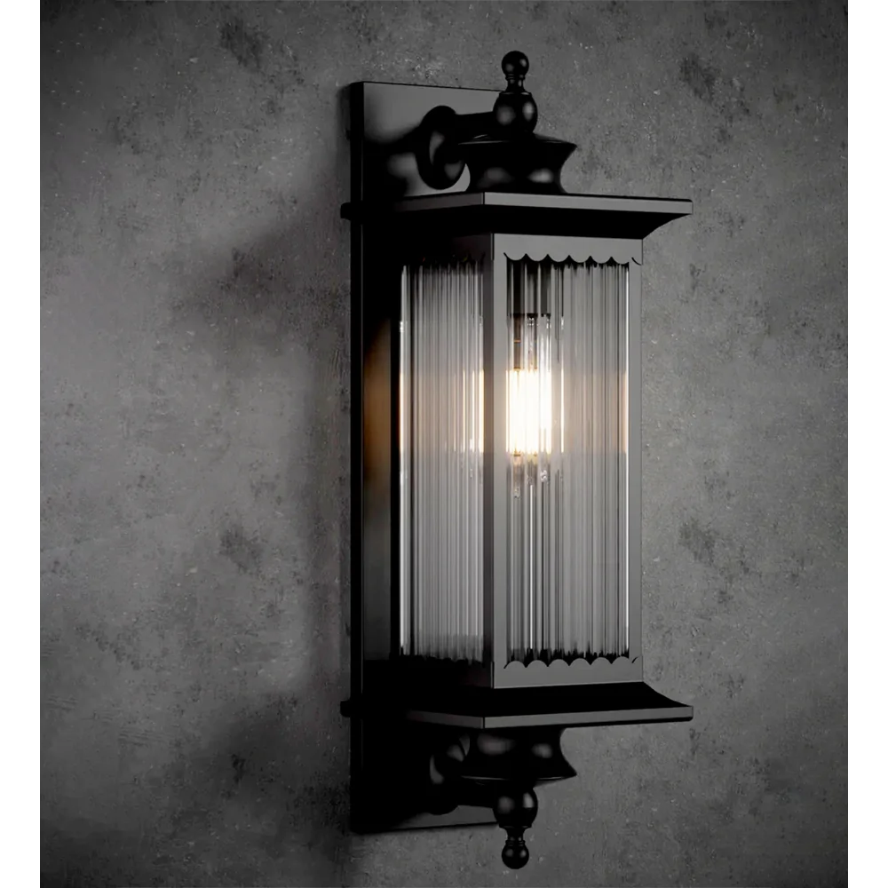 Classic Black Ribbed Glass Outdoor Wall Lantern |  SKE-100001-Blk-ODL