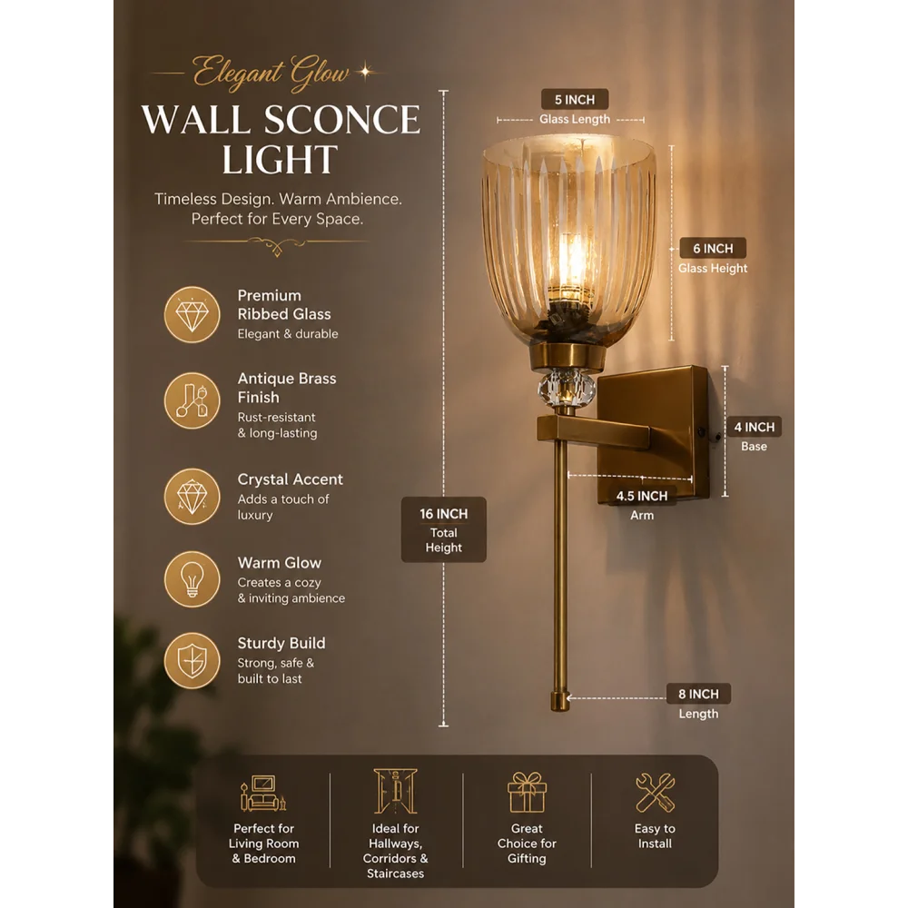 Brass Finish Ribbed Glass Wall Sconce | SKE-140072_BFRGWS