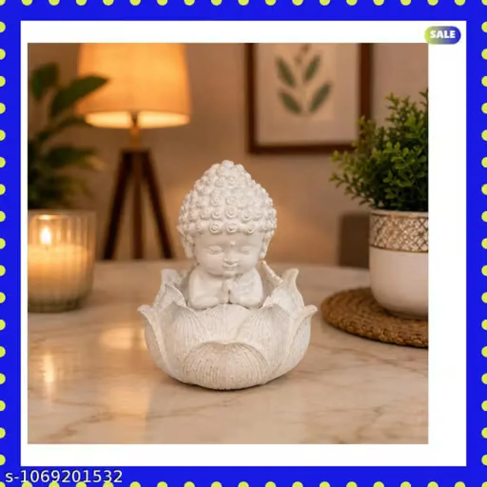 Buddha Statue Polyresin Lotus Flower Bowl Set White Meditating Idol Vastu Feng Shui Showpiece for Home Office Study Table Corporate Gift Birthday Return Gift