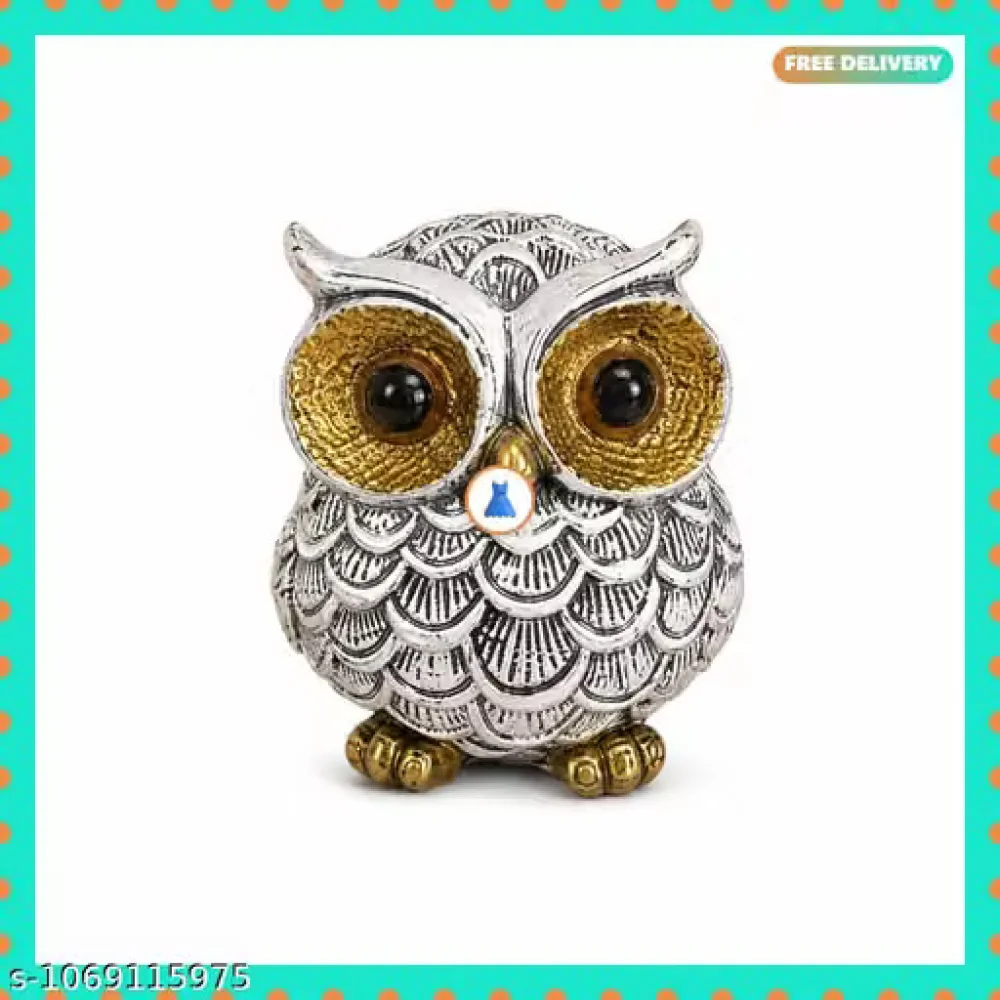 Silver Owl Statue Polyresin Figurine Antique Finish Gold Eyes Home Decor Showpiece for Living Room Bedroom Office Bookshelf Gift Item Decoration Aesthetic Vastu