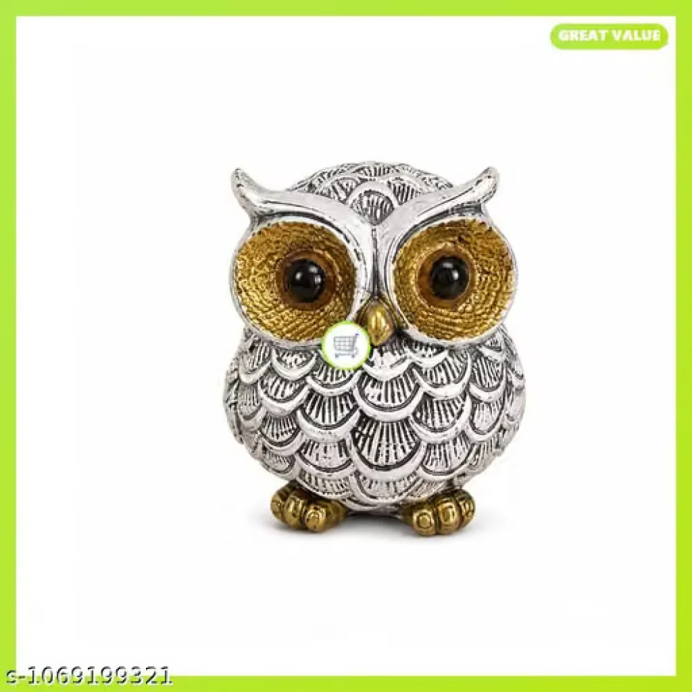 Silver Owl Figurine Polyresin Statue Golden Eyes Vastu Feng Shui Showpiece for Home Office Study Table Bedroom Living Room Corporate Gift Birthday Return Gift