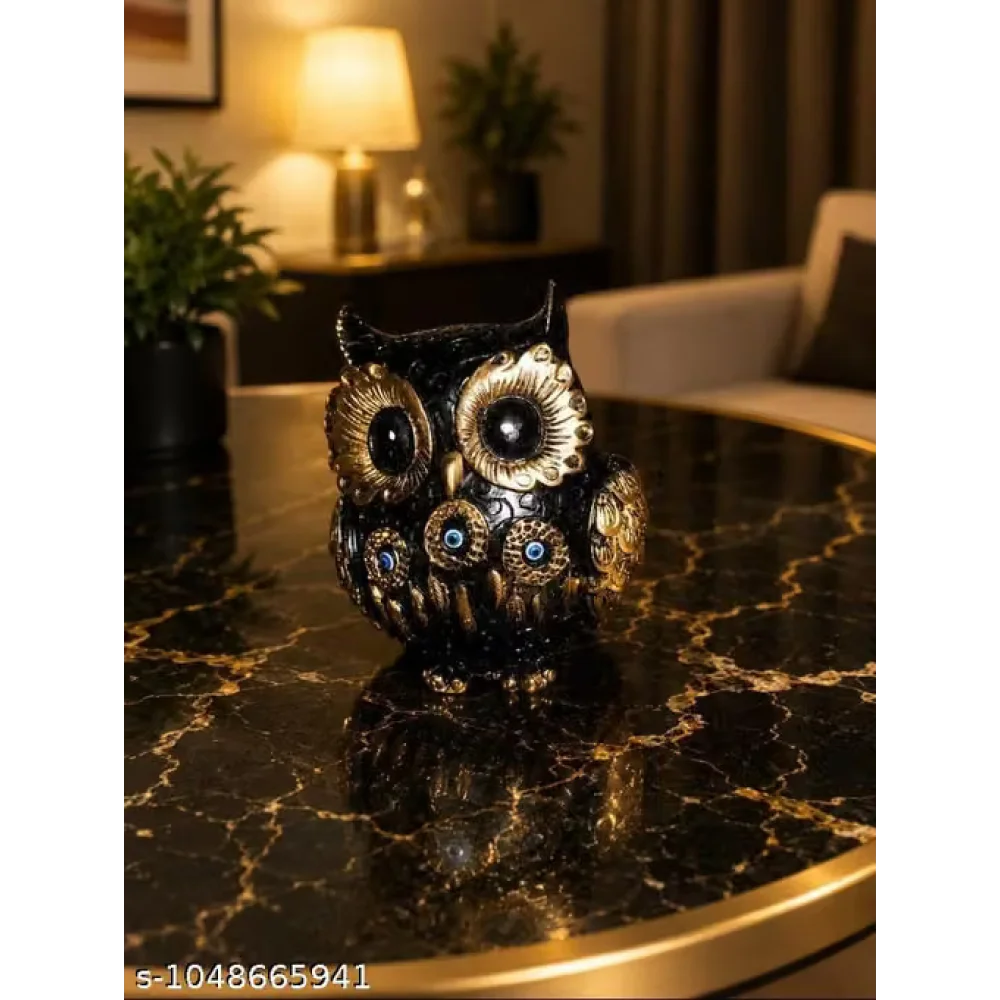 Home Decor Owl Showpiece Premium Black Gold | Gorgeous Artistic Owl Figurine with Ornamental Detailing | Luxury Tabletop Decoration & Gift