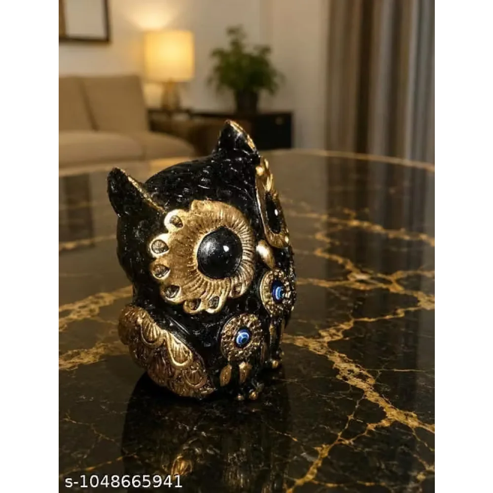 Home Decor Owl Showpiece Premium Black Gold | Gorgeous Artistic Owl Figurine with Ornamental Detailing | Luxury Tabletop Decoration & Gift