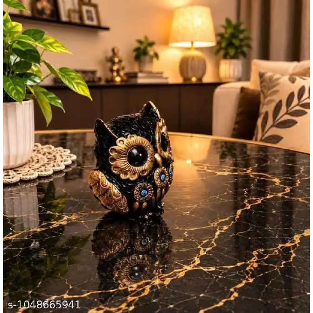 Home Decor Owl Showpiece Premium Black Gold | Gorgeous Artistic Owl Figurine with Ornamental Detailing | Luxury Tabletop Decoration & Gift