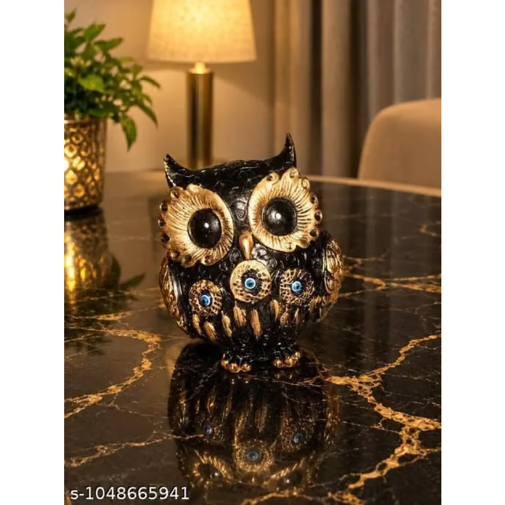 Home Decor Owl Showpiece Premium Black Gold | Gorgeous Artistic Owl Figurine with Ornamental Detailing | Luxury Tabletop Decoration & Gift