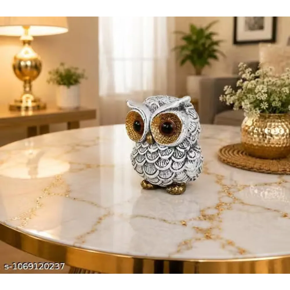 Silver Owl Idol Showpiece Polyresin Statue Gold Eyes Home Decor Bird Figurine Gift Item Table Decor