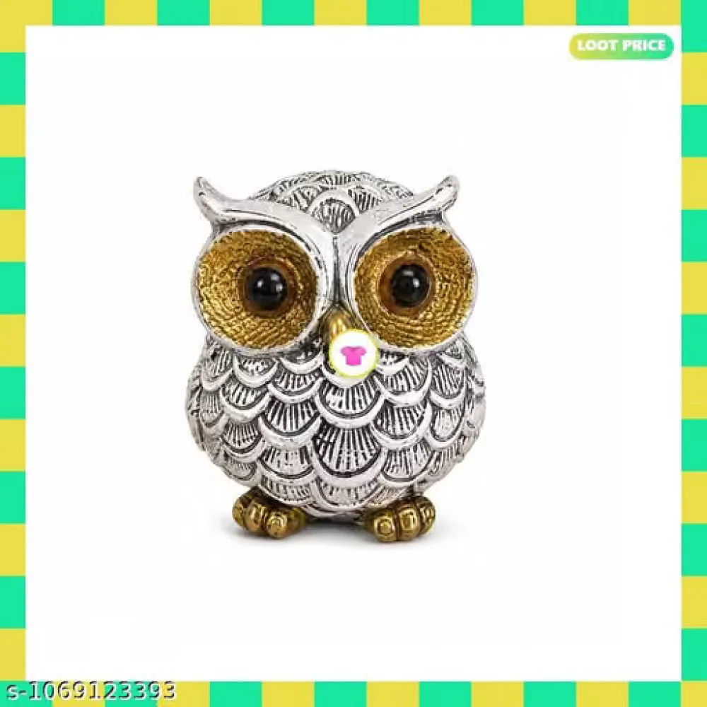 Polyresin Silver Owl Statue Antique Gold Eyes Bird Figurine Home Decor Showpiece for Office Desk Study Table Bookshelf Bedroom Living Room Gift Item Decoration