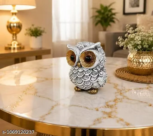 Silver Owl Idol Showpiece Polyresin Statue Gold Eyes Home Decor Bird Figurine Gift Item Table Decor