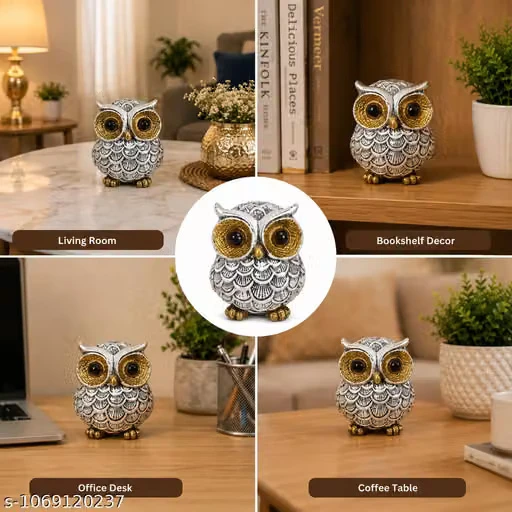 Silver Owl Idol Showpiece Polyresin Statue Gold Eyes Home Decor Bird Figurine Gift Item Table Decor