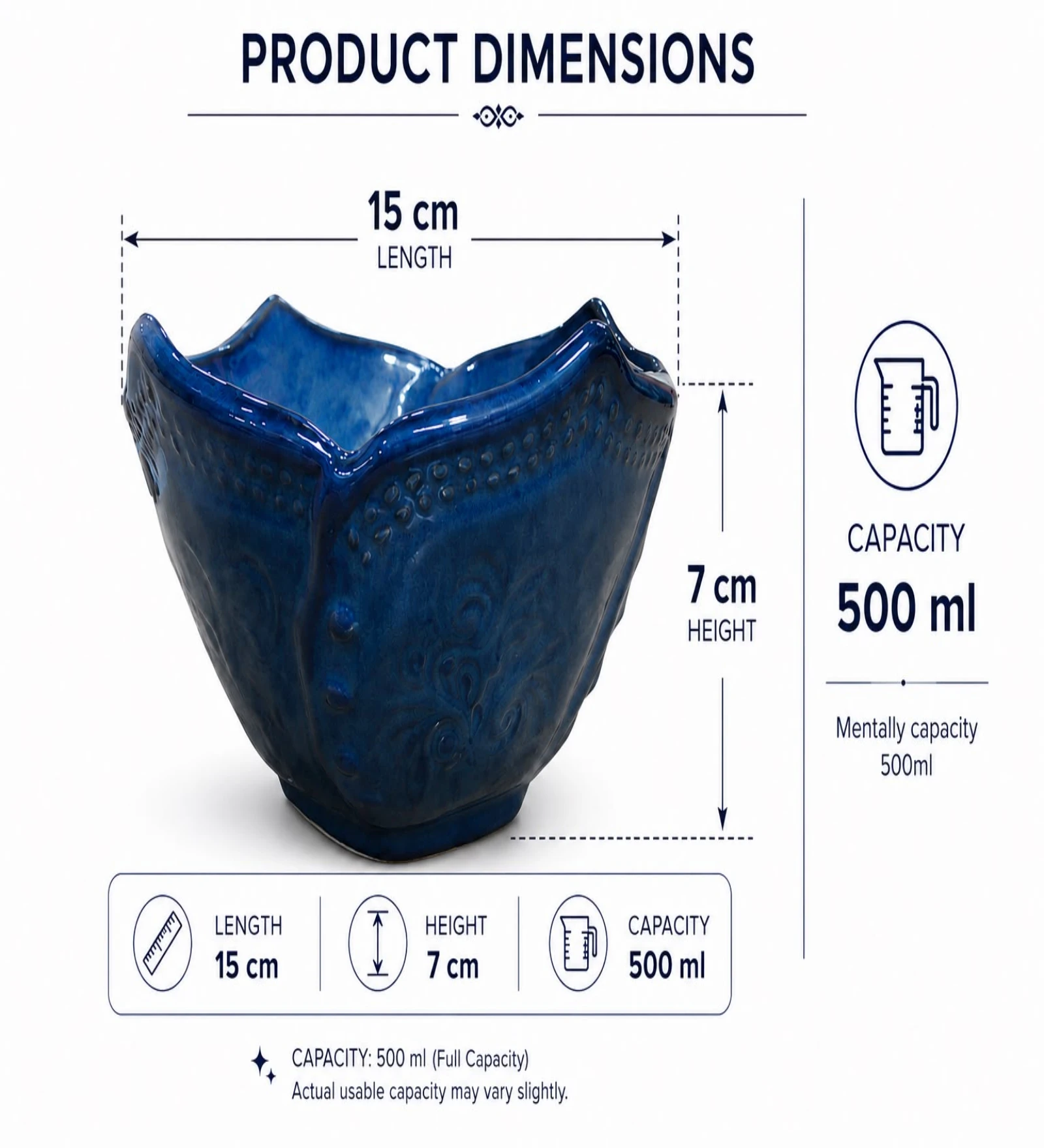 VOIDROP Lotus Shaped 500ml Ceramic Bowls for Kitchen, Handcrafted Embossed Serving Bowl, Modern Centerpiece Bowl for Fruit Bowl, Coffee Table Decor, Dining Table (Blue)