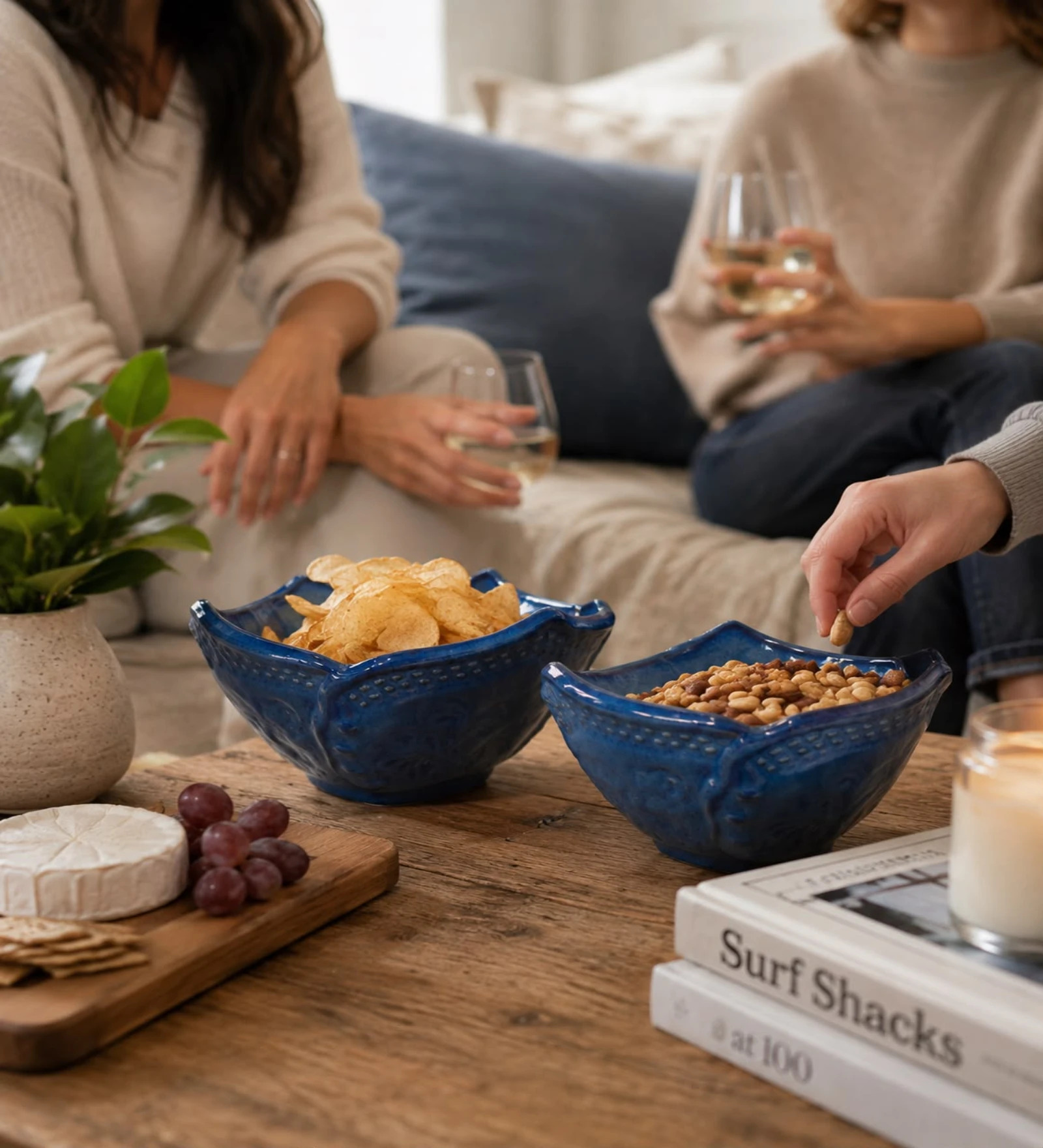 VOIDROP Lotus Shaped 500ml Ceramic Bowls for Kitchen, Handcrafted Embossed Serving Bowl, Modern Centerpiece Bowl for Fruit Bowl, Coffee Table Decor, Dining Table (Blue)