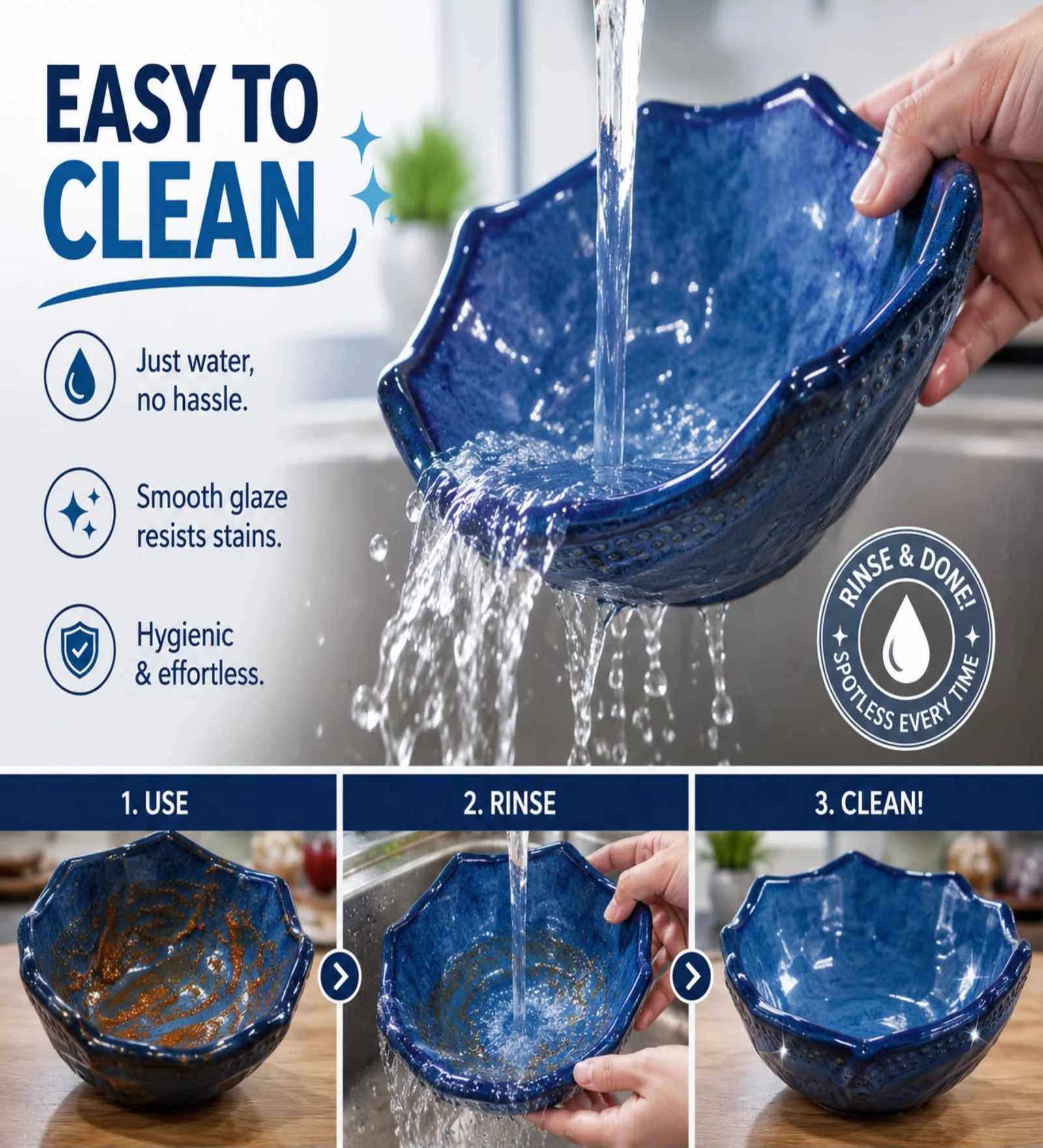 VOIDROP Lotus Shaped 500ml Ceramic Bowls for Kitchen, Handcrafted Embossed Serving Bowl, Modern Centerpiece Bowl for Fruit Bowl, Coffee Table Decor, Dining Table (Blue)