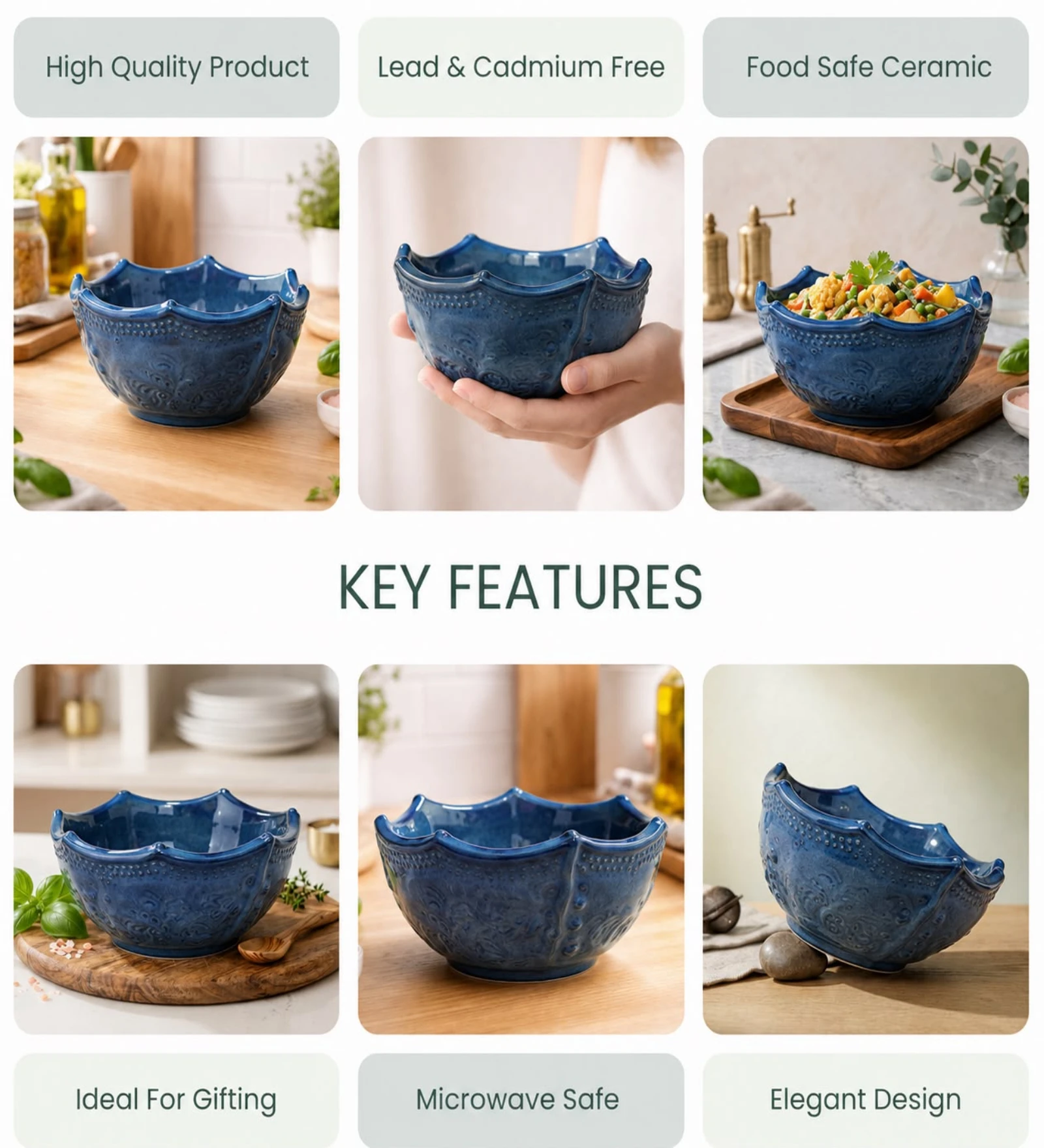 VOIDROP Lotus Shaped 500ml Ceramic Bowls for Kitchen, Handcrafted Embossed Serving Bowl, Modern Centerpiece Bowl for Fruit Bowl, Coffee Table Decor, Dining Table (Blue)