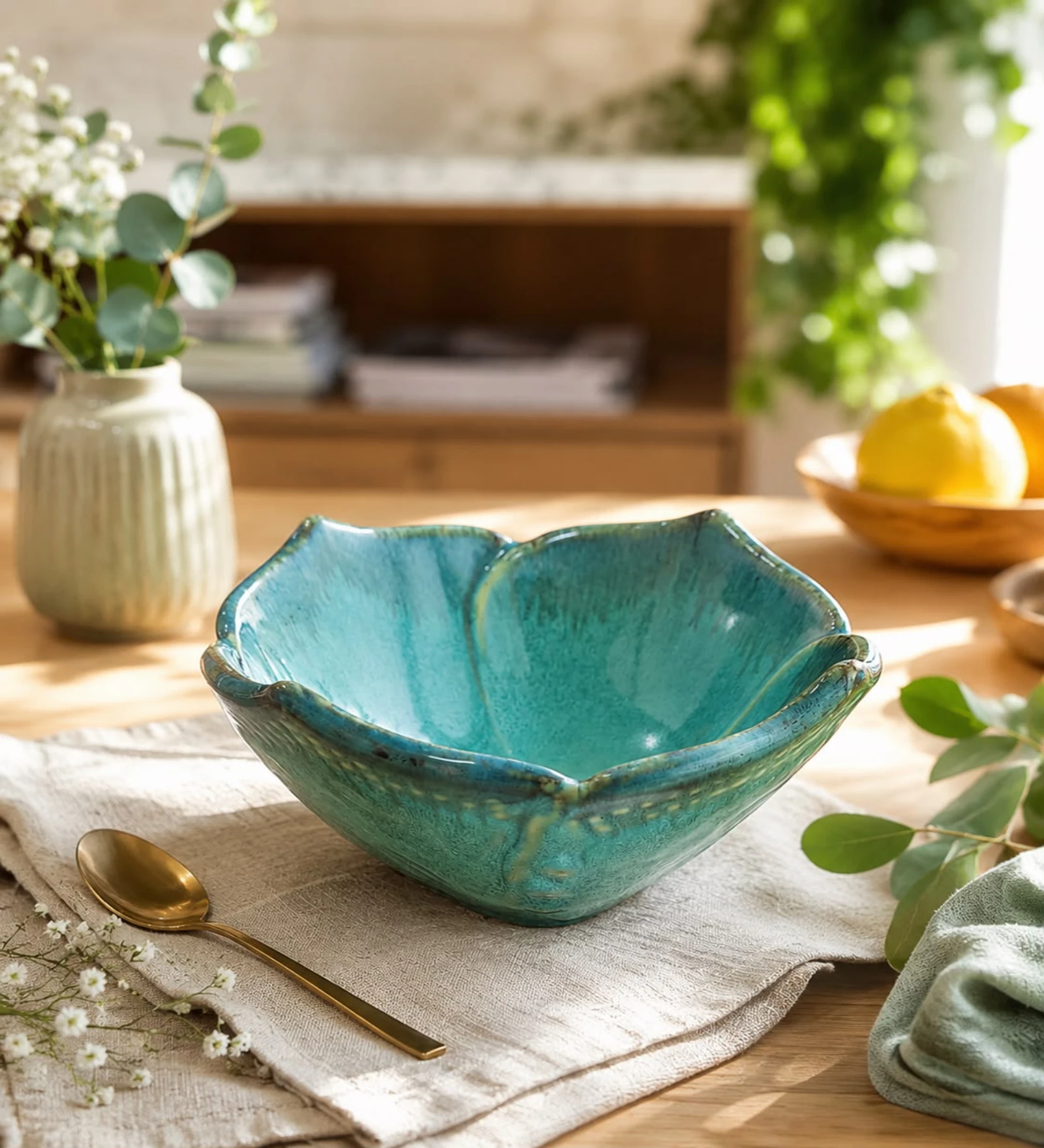 VOIDROP Lotus Shaped 500ml Ceramic Bowls for Kitchen, Handcrafted Embossed Serving Bowl, Modern Centerpiece Bowl for Fruit Bowl, Coffee Table Decor, Dining Table (Green)