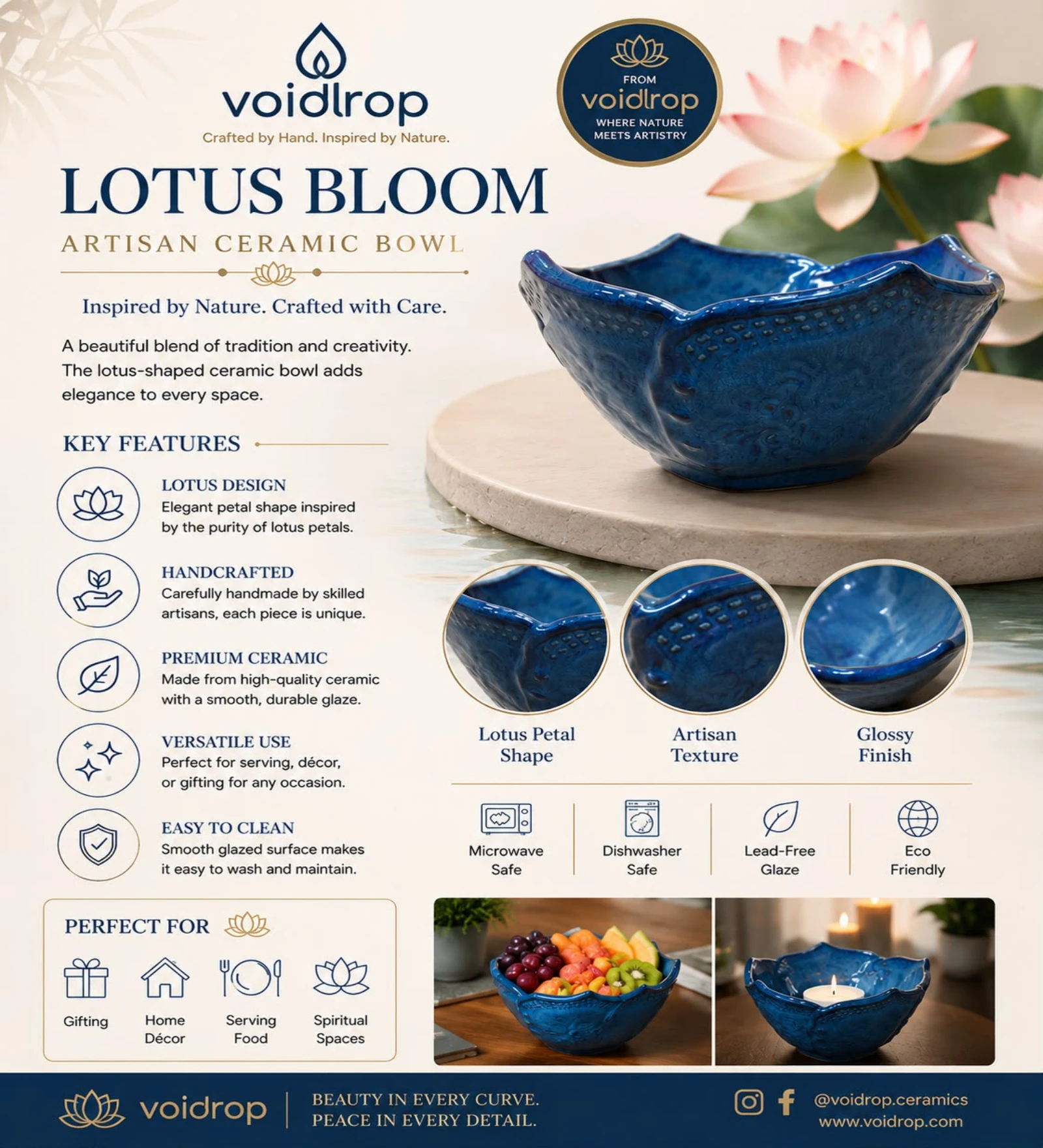 VOIDROP Lotus Shaped 500ml Ceramic Bowls for Kitchen, Handcrafted Embossed Serving Bowl, Modern Centerpiece Bowl for Fruit Bowl, Coffee Table Decor, Dining Table (Blue)