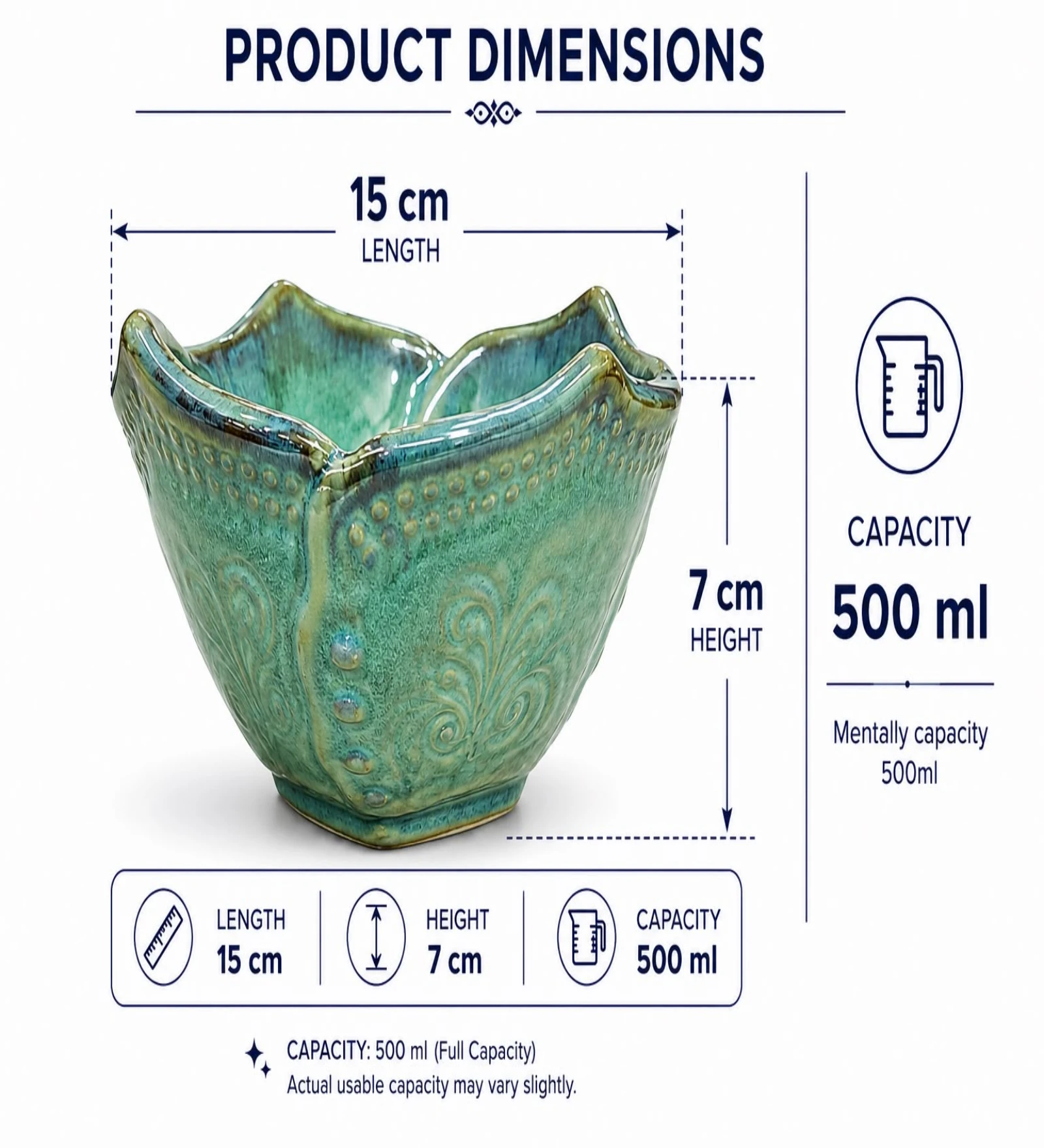 VOIDROP Lotus Shaped 500ml Ceramic Bowls for Kitchen, Handcrafted Embossed Serving Bowl, Modern Centerpiece Bowl for Fruit Bowl, Coffee Table Decor, Dining Table (Green)