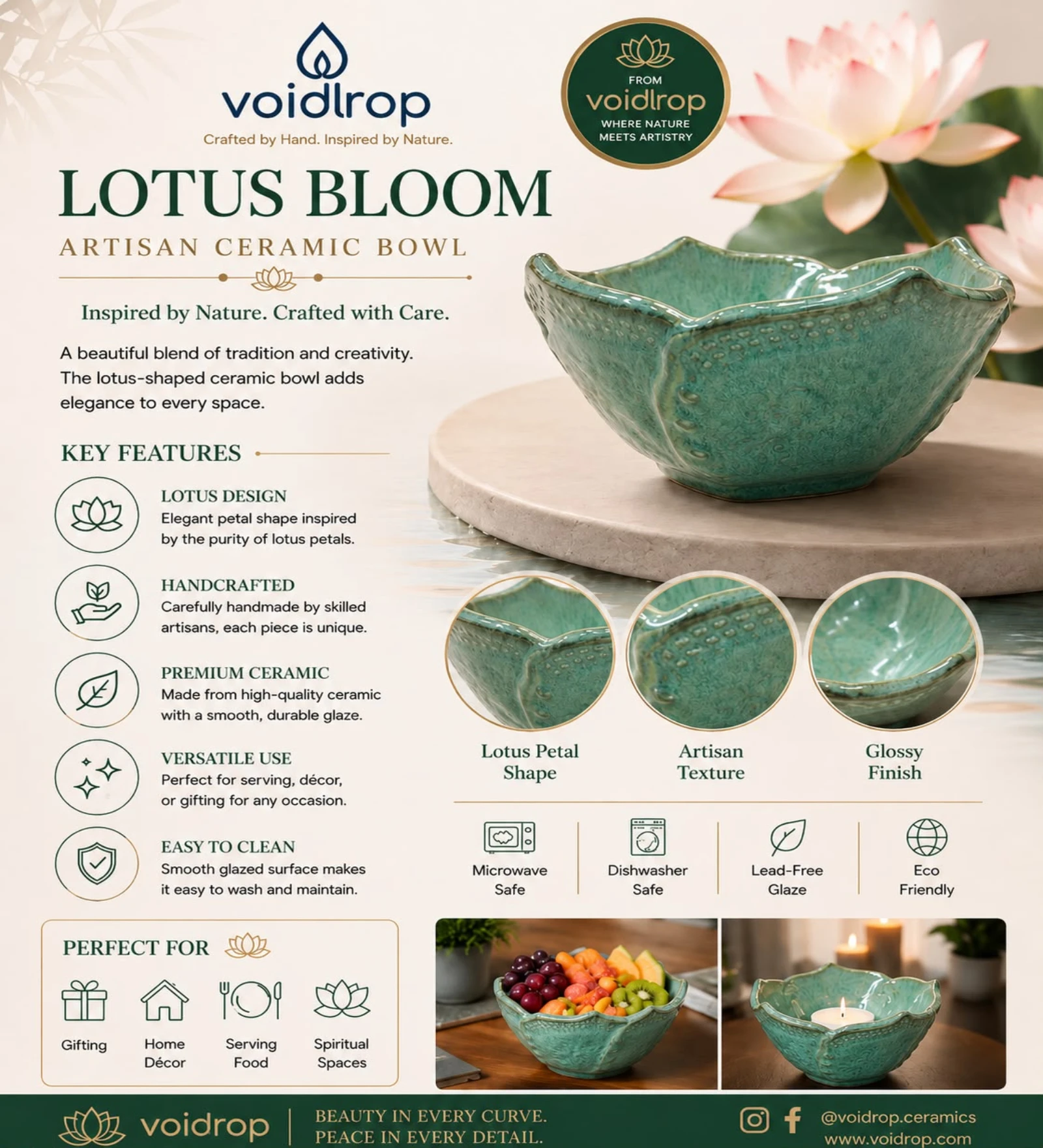 VOIDROP Lotus Shaped 500ml Ceramic Bowls for Kitchen, Handcrafted Embossed Serving Bowl, Modern Centerpiece Bowl for Fruit Bowl, Coffee Table Decor, Dining Table (Green)