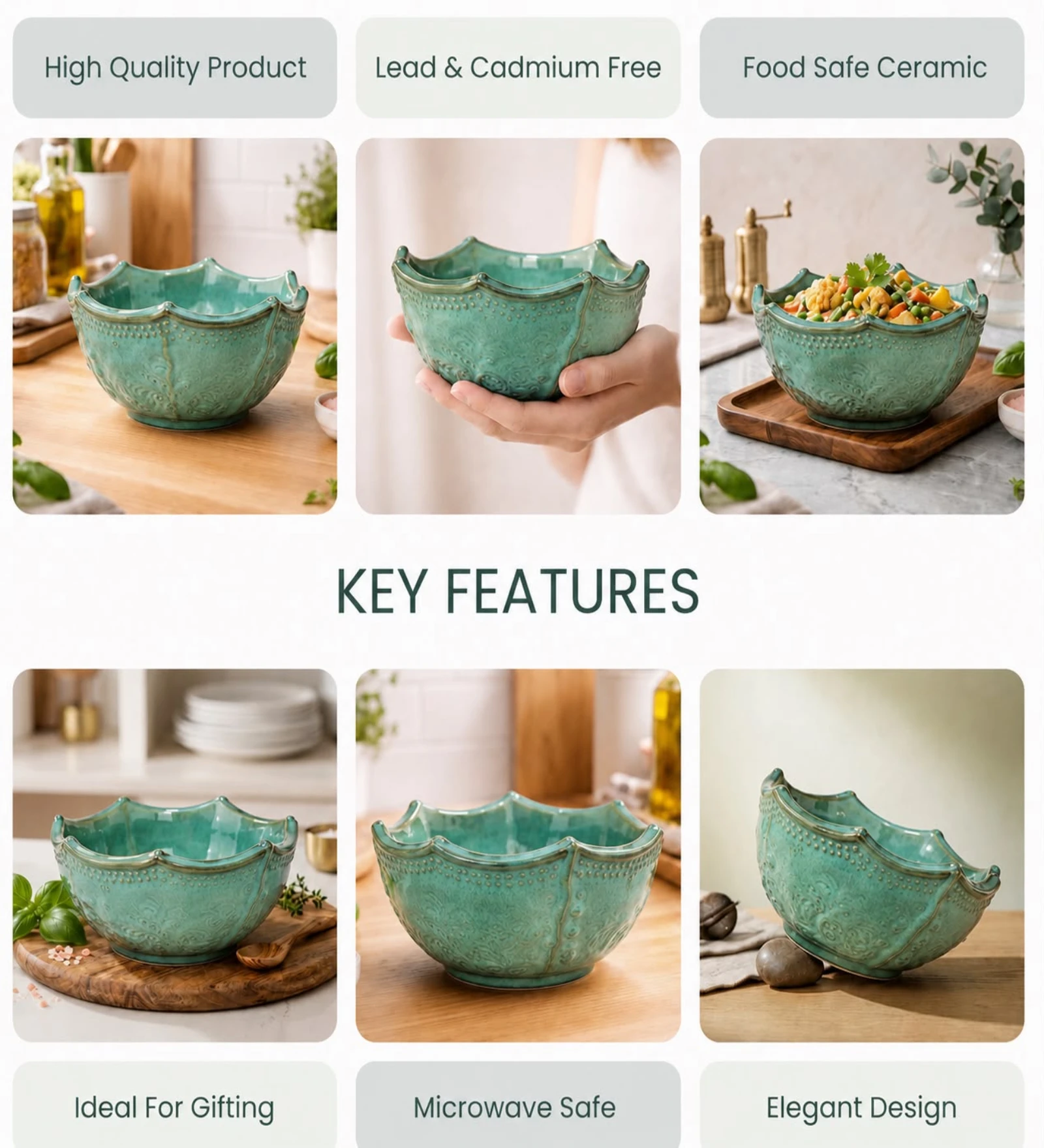 VOIDROP Lotus Shaped 500ml Ceramic Bowls for Kitchen, Handcrafted Embossed Serving Bowl, Modern Centerpiece Bowl for Fruit Bowl, Coffee Table Decor, Dining Table (Green)