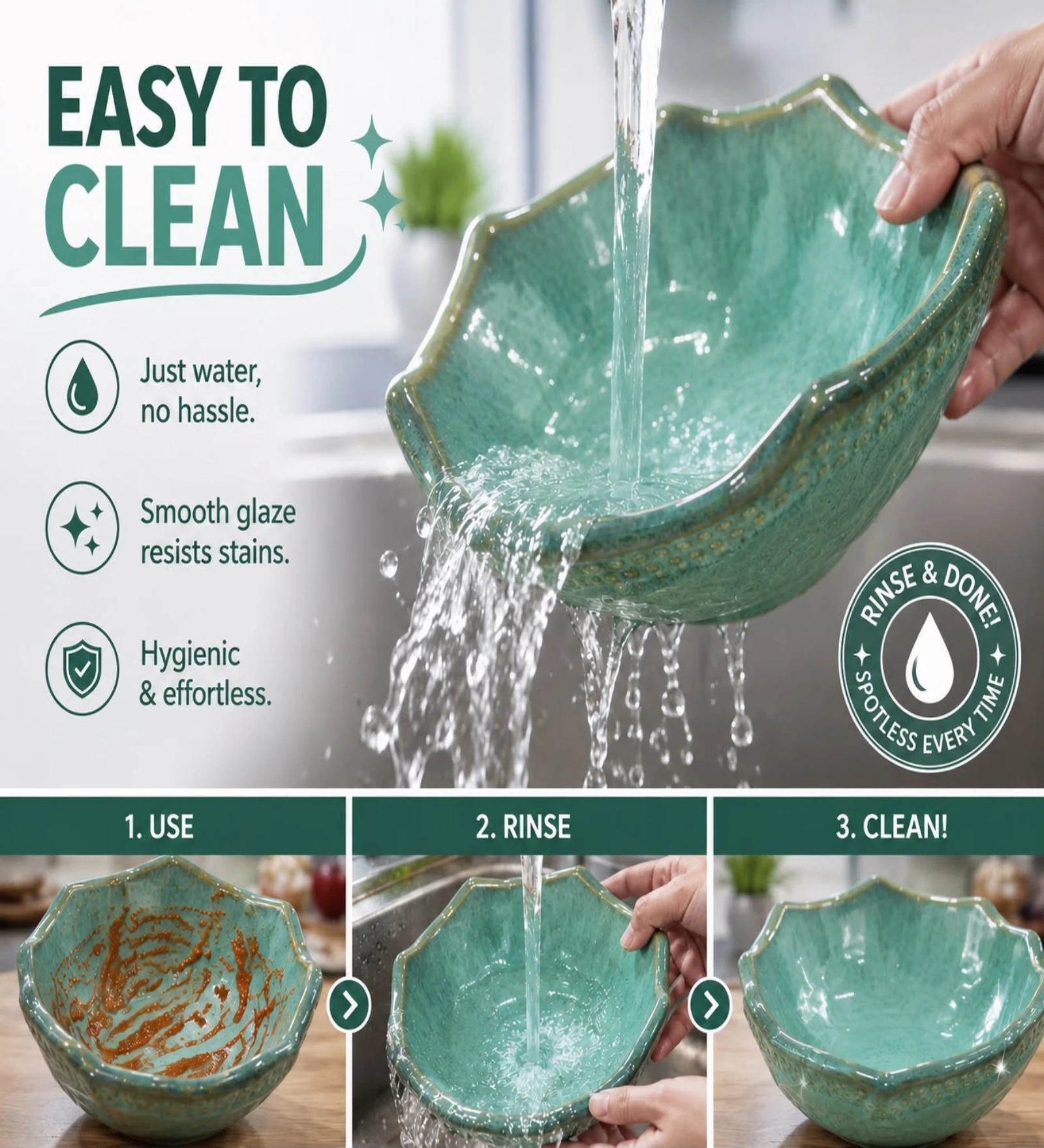 VOIDROP Lotus Shaped 500ml Ceramic Bowls for Kitchen, Handcrafted Embossed Serving Bowl, Modern Centerpiece Bowl for Fruit Bowl, Coffee Table Decor, Dining Table (Green)