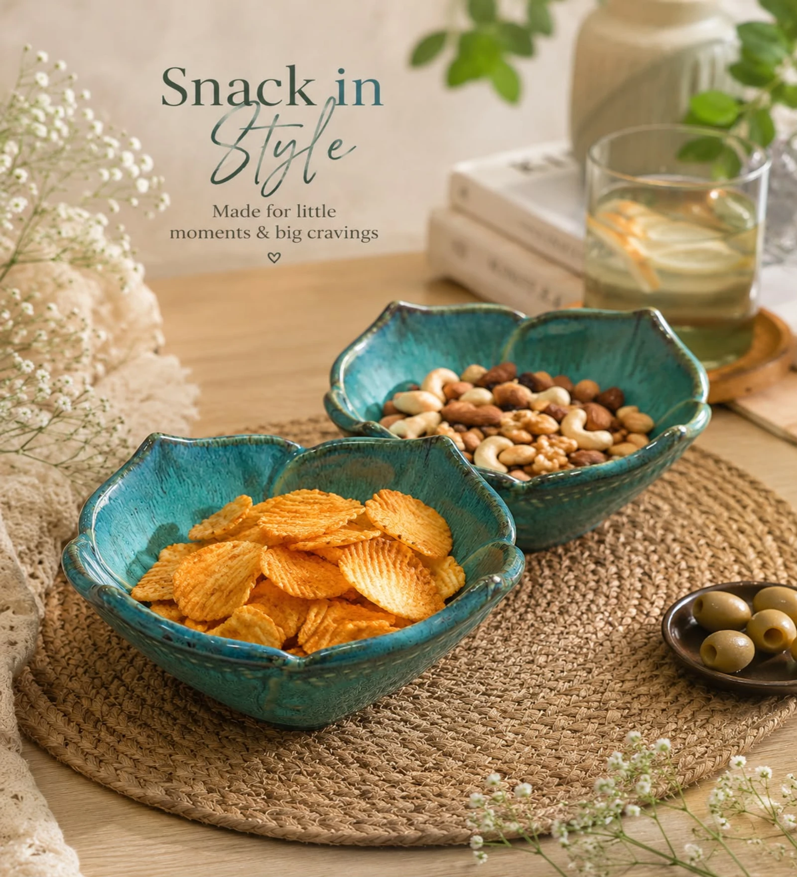 VOIDROP Lotus Shaped 500ml Ceramic Bowls for Kitchen, Handcrafted Embossed Serving Bowl, Modern Centerpiece Bowl for Fruit Bowl, Coffee Table Decor, Dining Table (Green)