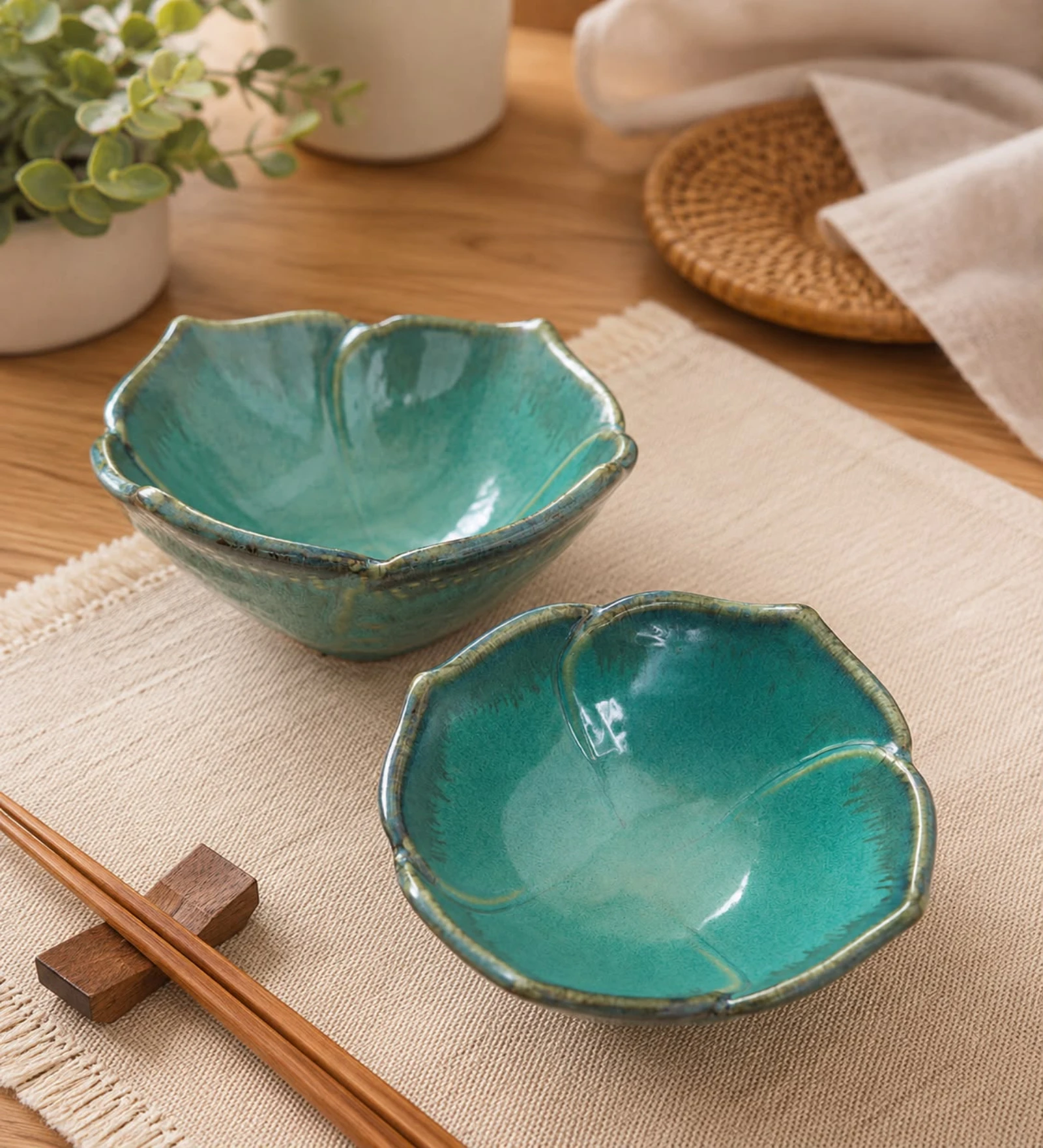 VOIDROP Lotus Shaped Green 500ml Ceramic Bowls for Kitchen, Handcrafted Embossed Serving Bowl, Modern Centerpiece Bowl for Fruit Bowl, Coffee Table Decor, Dining Table (Set of 2)
