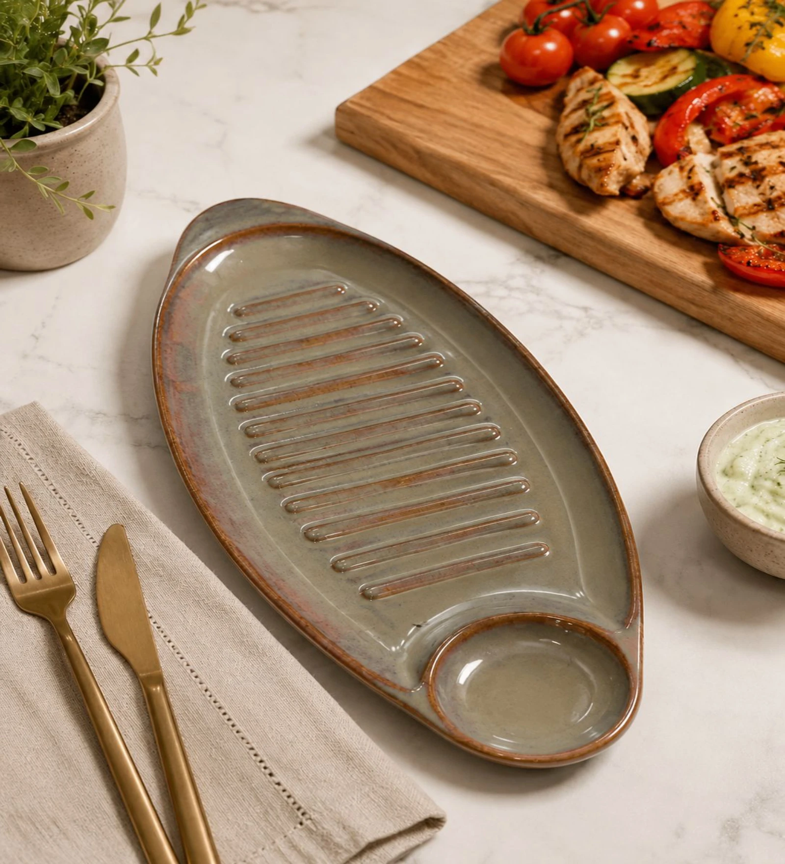 Voidrop Ceramic Serving Platter with Dip Bowl, Oval Appetizer Tray for Snacks, Sushi, Kebab & Finger Foods, Decorative Serving Plate for Dining Table, Kitchen & Party Serving Dish, Glossy Brown