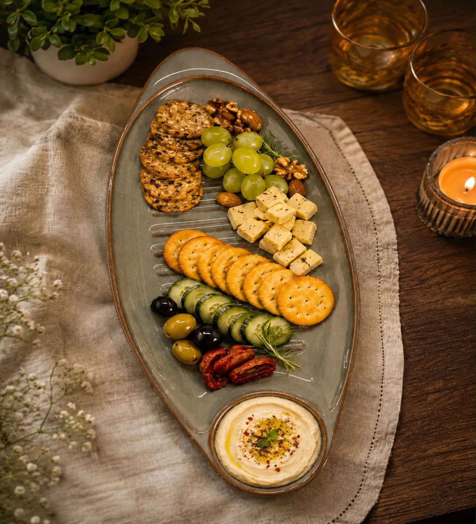 Voidrop Ceramic Serving Platter with Dip Bowl, Oval Appetizer Tray for Snacks, Sushi, Kebab & Finger Foods, Decorative Serving Plate for Dining Table, Kitchen & Party Serving Dish, Glossy Brown