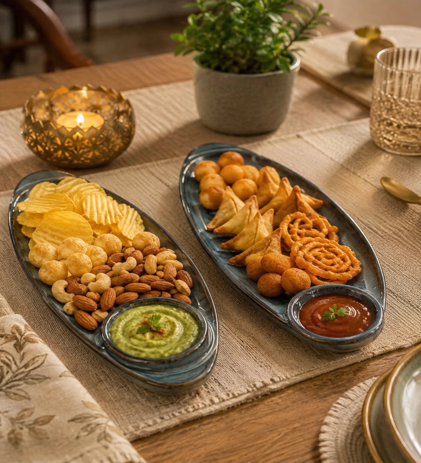 Voidrop Ceramic Serving Platter with Dip Bowl, Oval Appetizer Tray for Snacks, Sushi, Kebab & Finger Foods, Decorative Serving Plate for Dining Table, Kitchen & Party Serving Dish, Glossy Blue