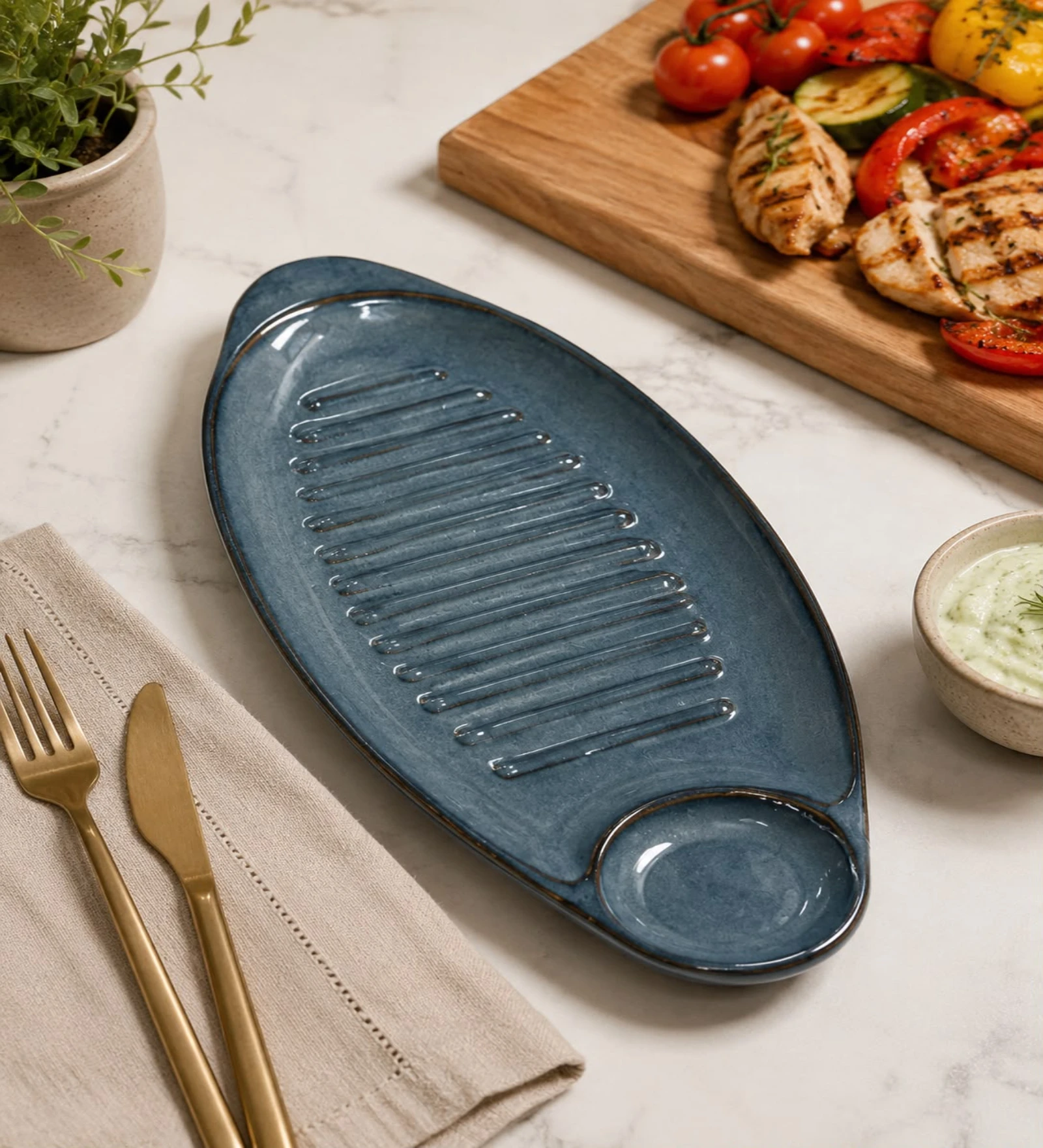 Voidrop Ceramic Serving Platter with Dip Bowl, Oval Appetizer Tray for Snacks, Sushi, Kebab & Finger Foods, Decorative Serving Plate for Dining Table, Kitchen & Party Serving Dish, Glossy Blue