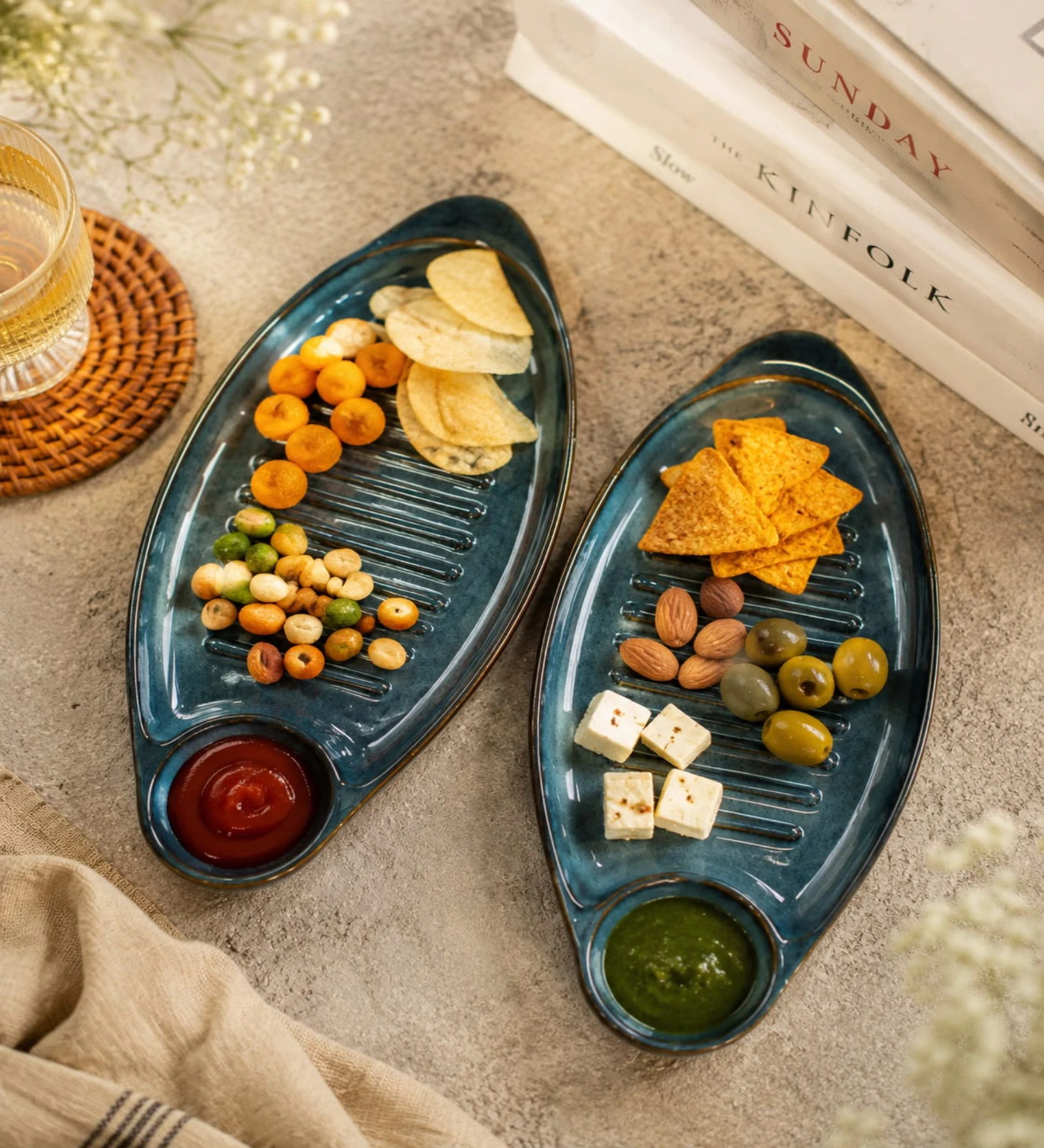 Voidrop Ceramic Serving Platter with Dip Bowl, Oval Appetizer Tray for Snacks, Sushi, Kebab & Finger Foods, Decorative Serving Plate for Dining Table, Kitchen & Party Serving Dish, Glossy Blue
