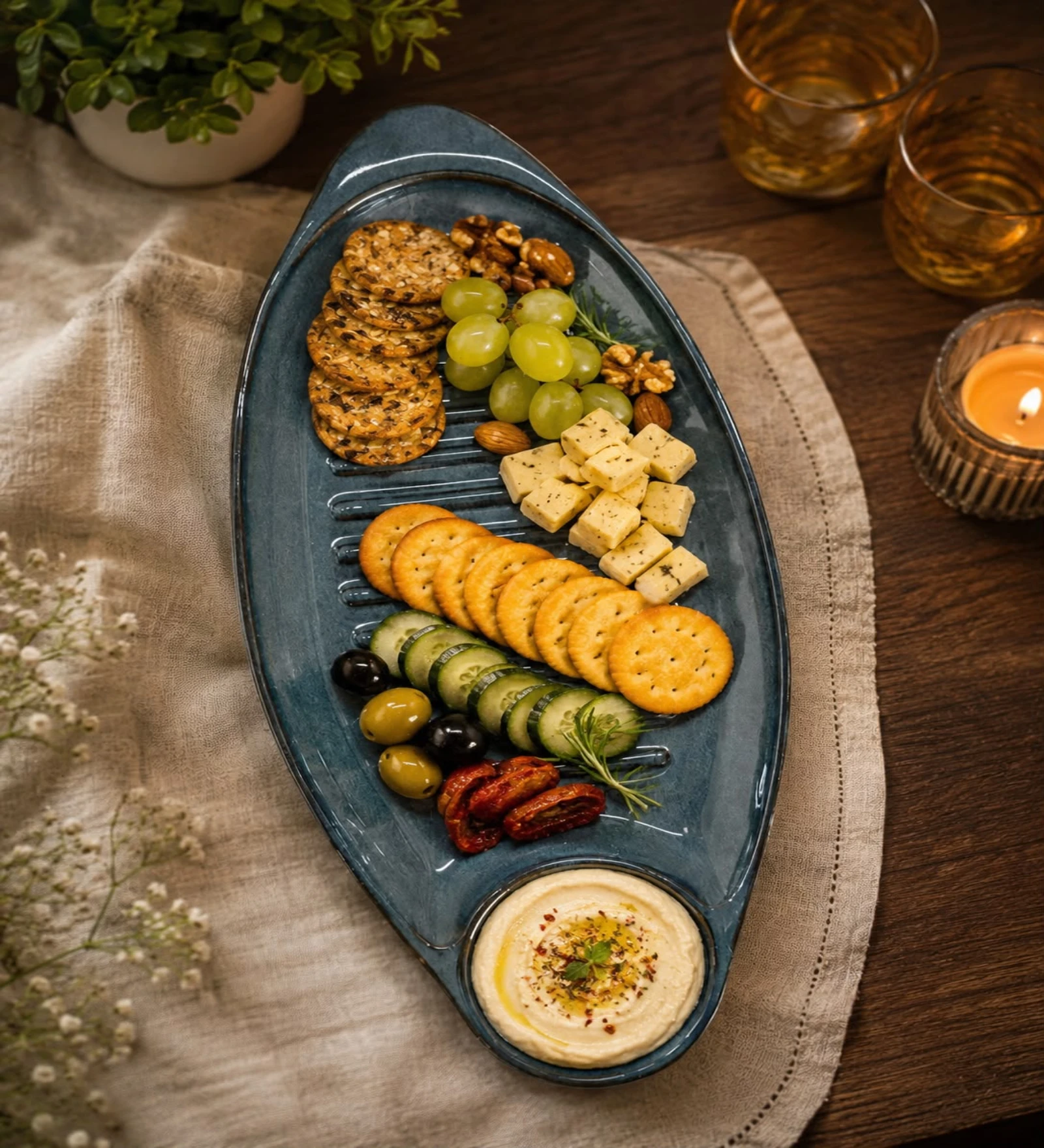 Voidrop Ceramic Serving Platter with Dip Bowl, Oval Appetizer Tray for Snacks, Sushi, Kebab & Finger Foods, Decorative Serving Plate for Dining Table, Kitchen & Party Serving Dish, Glossy Blue