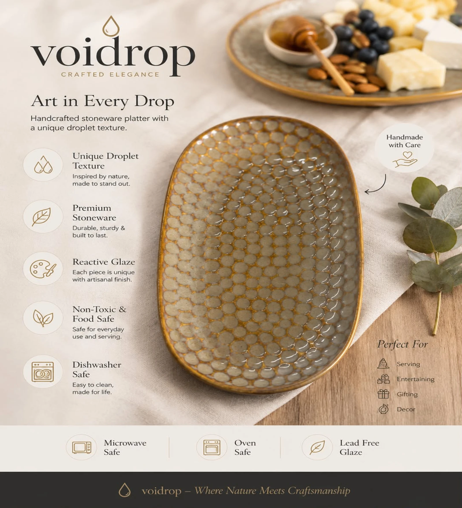 VOIDROP Ceramic Serving Platters, Brown Textured Oval Serving Trays, Decorative Appetizer Plates for Snacks, Fruits, Desserts, Cheese, Sushi, Dining Table & Kitchen Serving Dishes