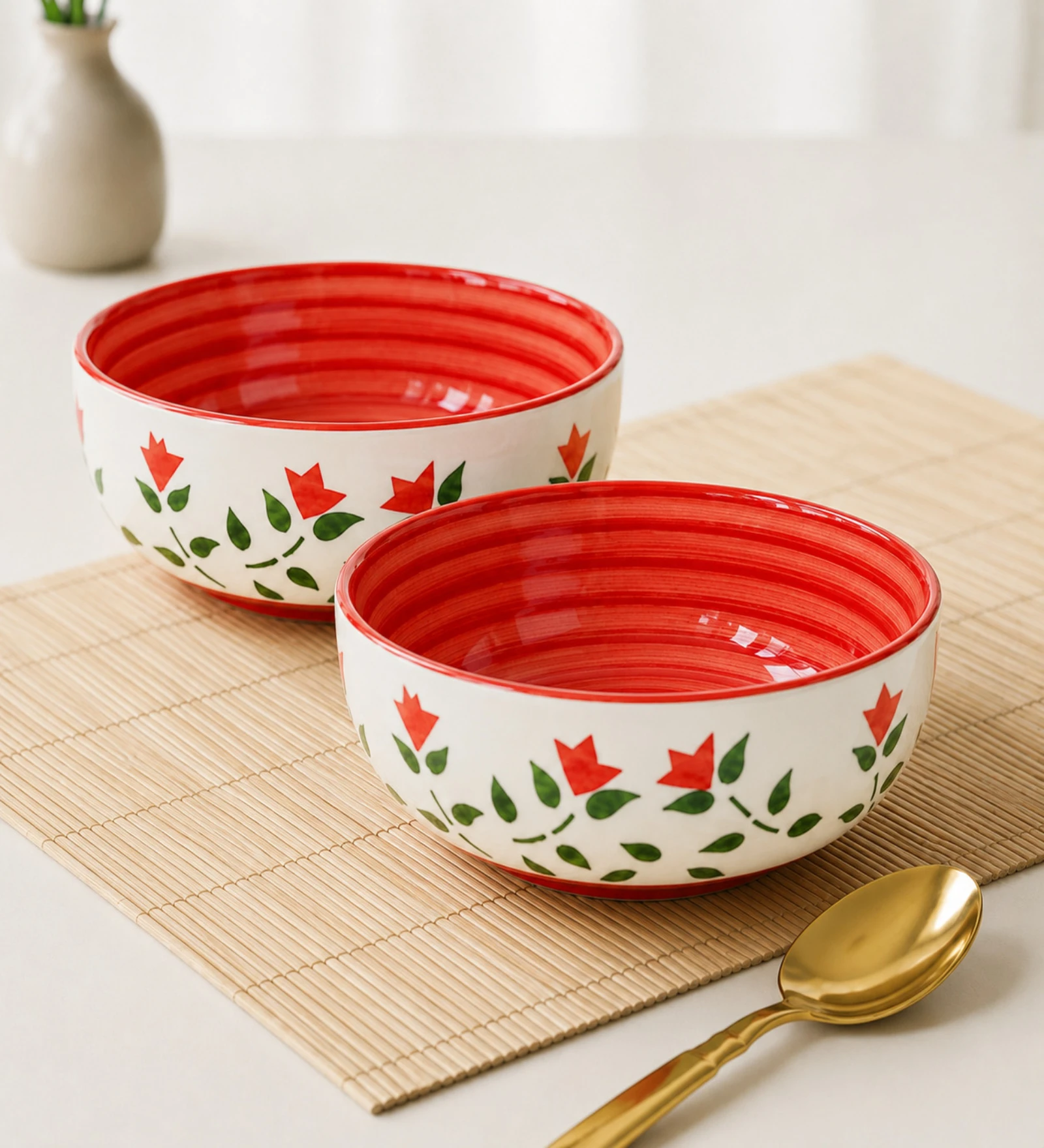 VOIDROP Ceramic Bowls Set of 2, 300ML for Dining Table,Hand-Painted Serving Bowls for Curry, Popcorn, Salad, and Snacks | Microwave Safe Ceramic Crockery, Red