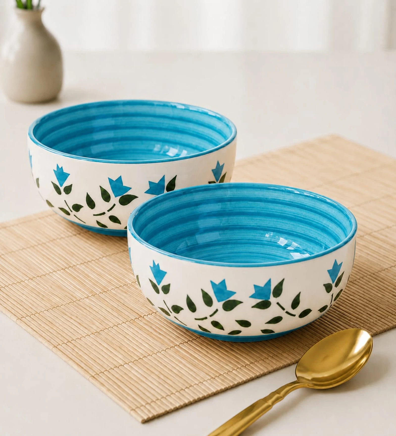 VOIDROP Ceramic Bowls Set of 2, 300ML for Dining Table,Hand-Painted Serving Bowls for Curry, Popcorn, Salad, and Snacks | Microwave Safe Ceramic Crockery, Aqua Blue