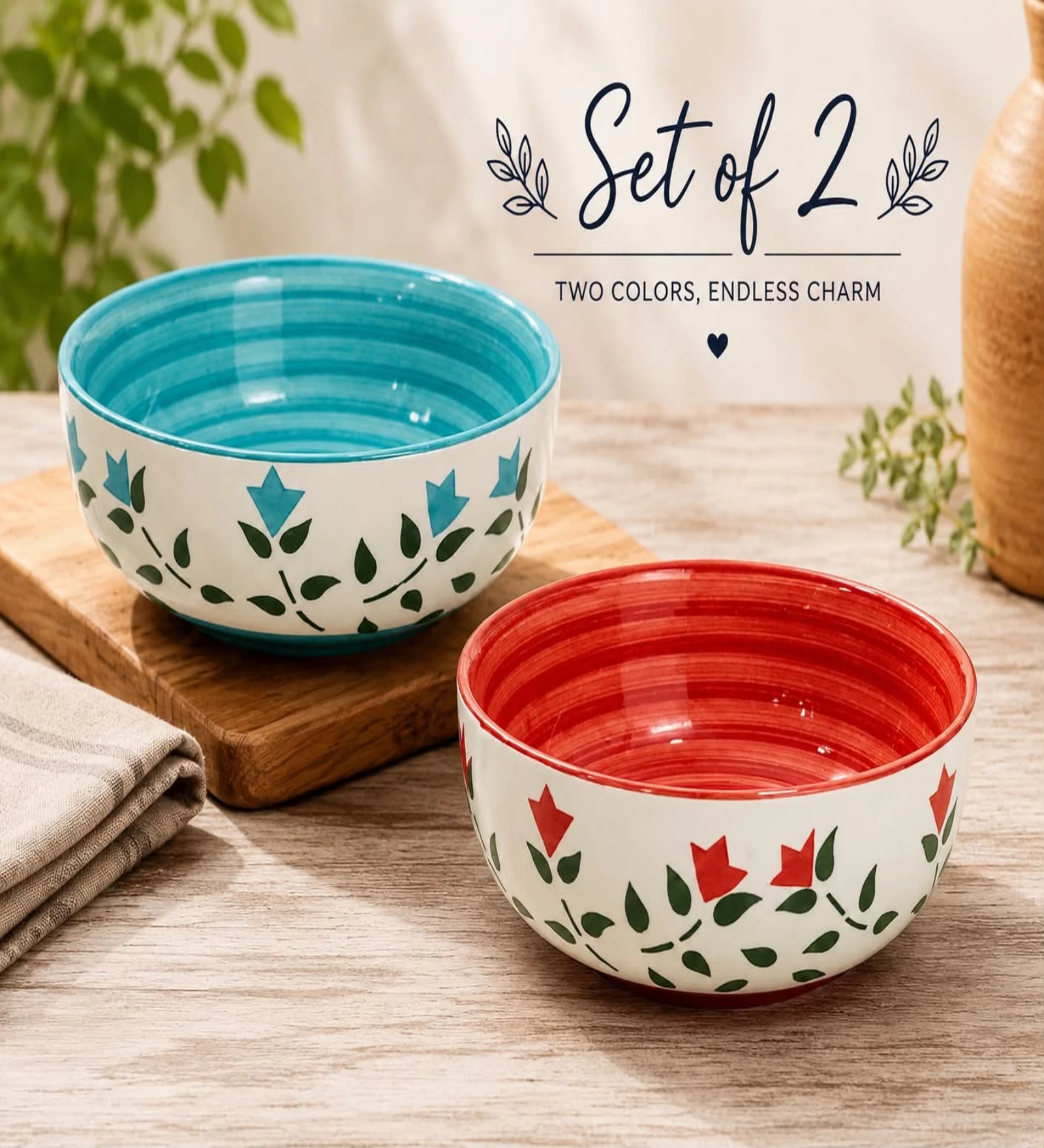 VOIDROP Ceramic Bowls Set of 2, 300ML for Dining Table,Hand-Painted Serving Bowls for Curry, Popcorn, Salad, and Snacks | Microwave Safe Ceramic Crockery, Red and Aqua Blue
