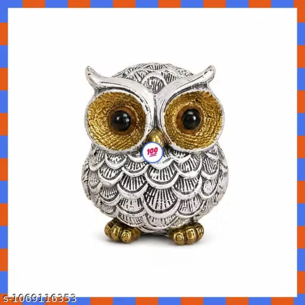 Antique Silver Owl Showpiece Polyresin Statue Gold Eyes Home Decoration Bird Figurine for Living Room Bedroom Office Desk Bookshelf Decorative Gift Item